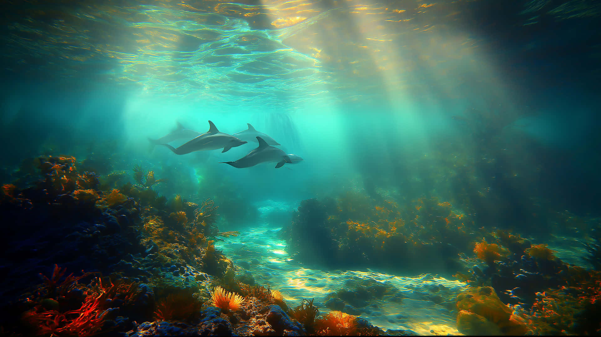 Dolphins Explores Sunken Wreckage and Vibrant Reef 壁紙 — 三條海豚在陽光普照的碧綠海水中優雅滑行，上方是沐浴在金色光線中的 vibrant 珊瑚礁。