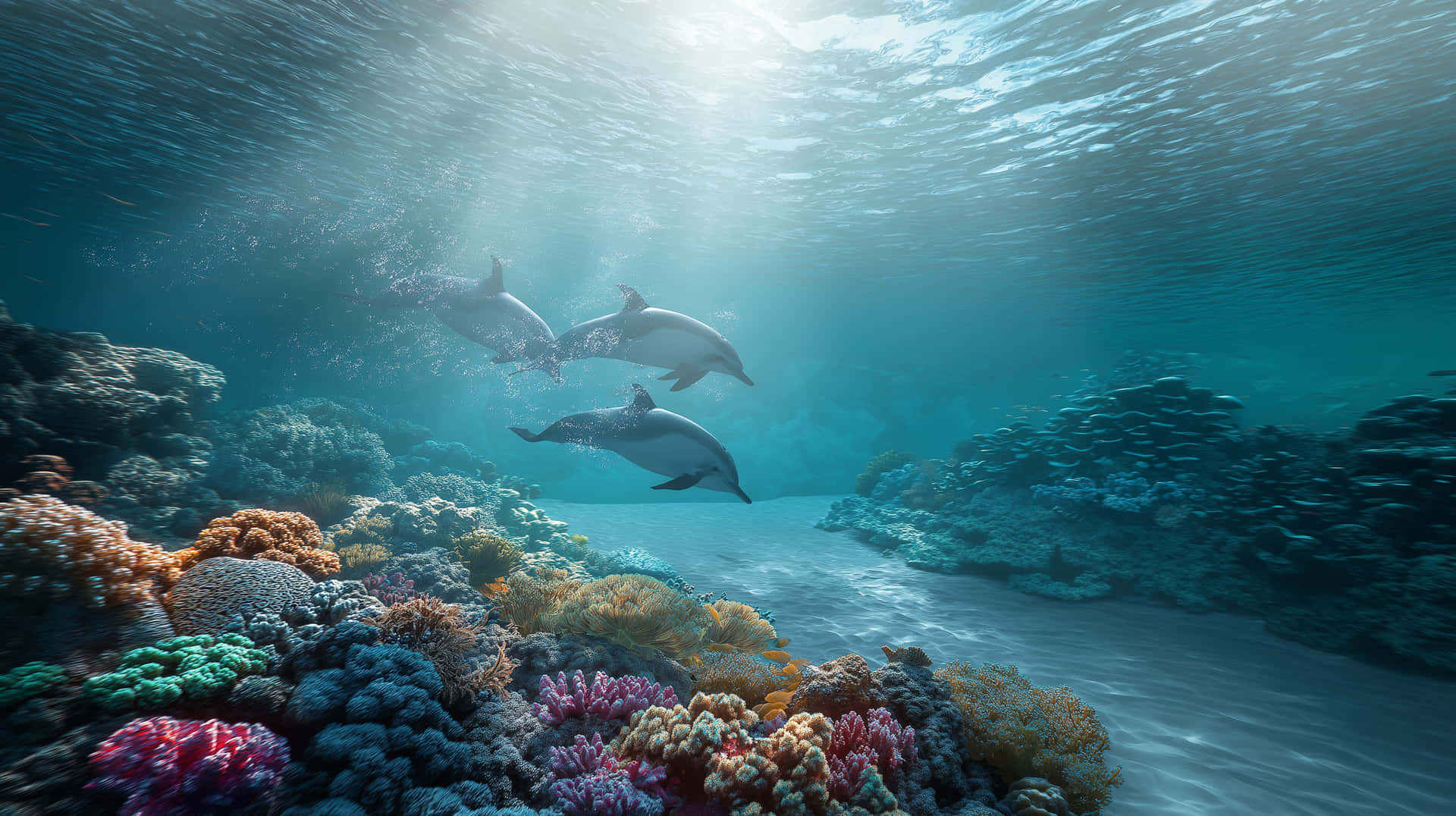 Three Dolphins Swim Over Diverse Coral Reef Landscape 壁紙 — 三條海豚在陽光普照的碧綠海水中優雅地滑行，下方是充滿繽紛生命的 vibrant 珊瑚礁。