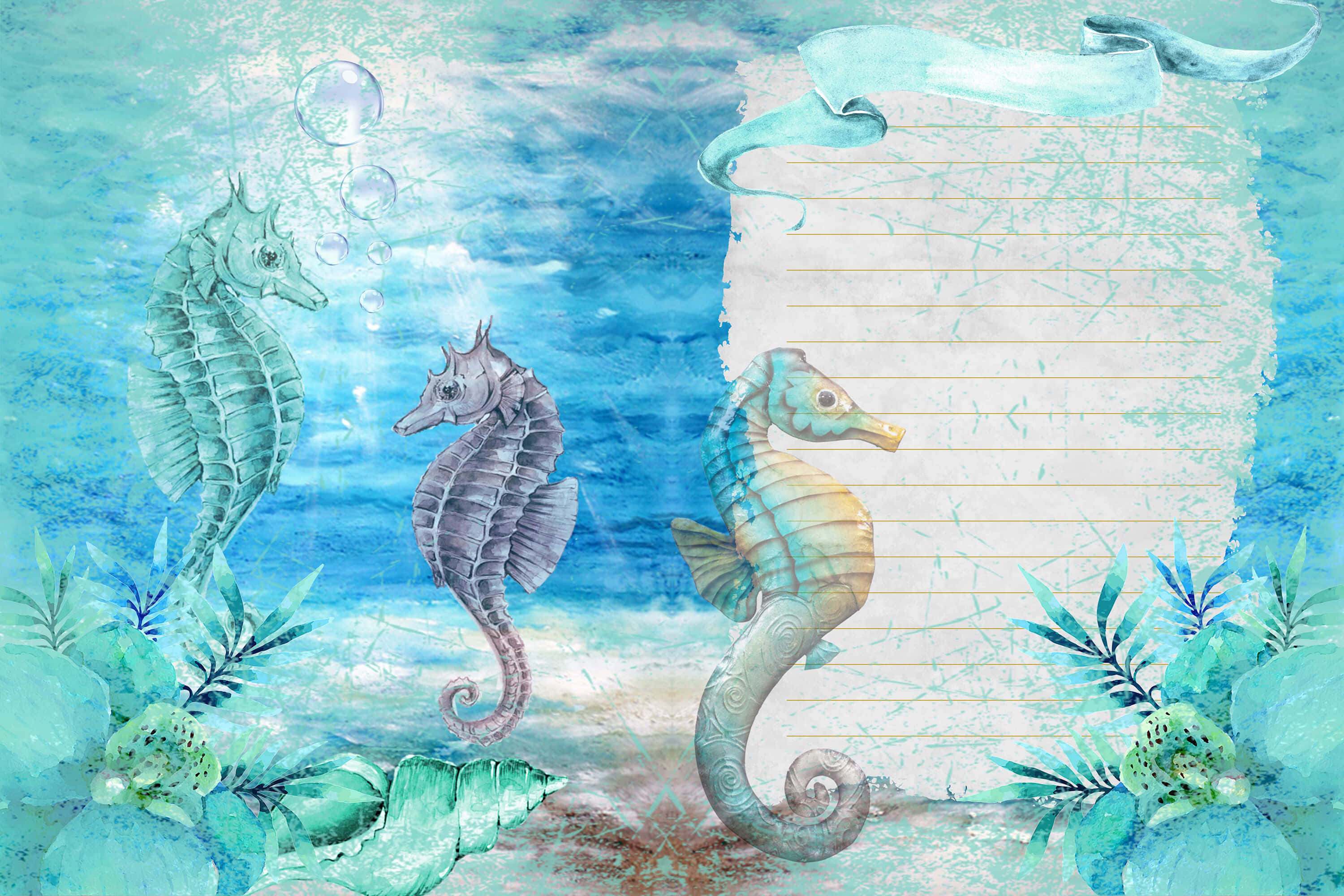 海馬 桌布 壁紙 — 三條海馬在夢幻的藍綠色海底場景中，在珊瑚和氣泡間優雅地游動，並帶有橫線筆記本覆蓋層。