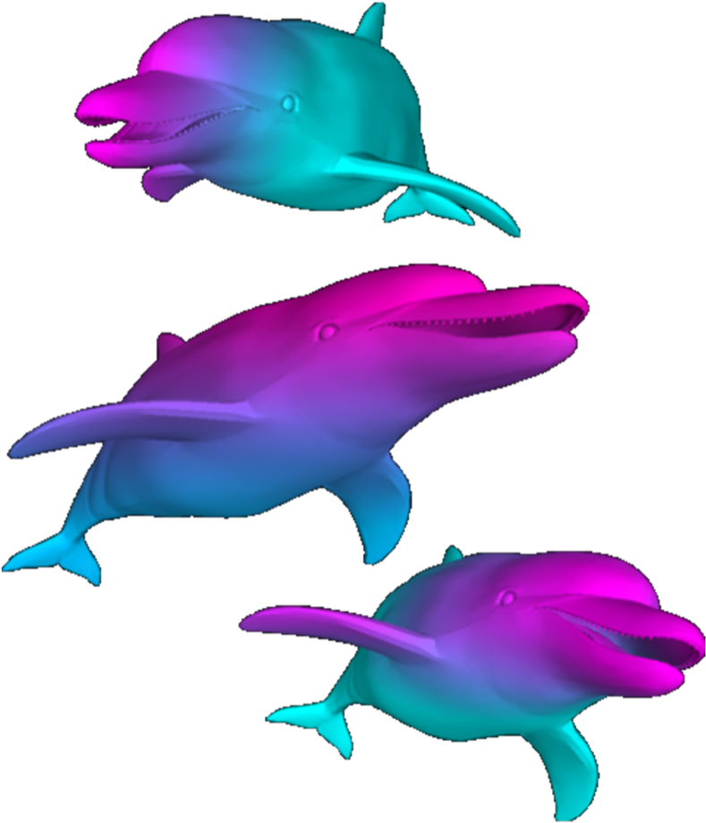 Sea Creature 桌布 壁紙 — 三條發光的海豚帶有螢光粉紅和青色漸變，在黑色背景上游動。