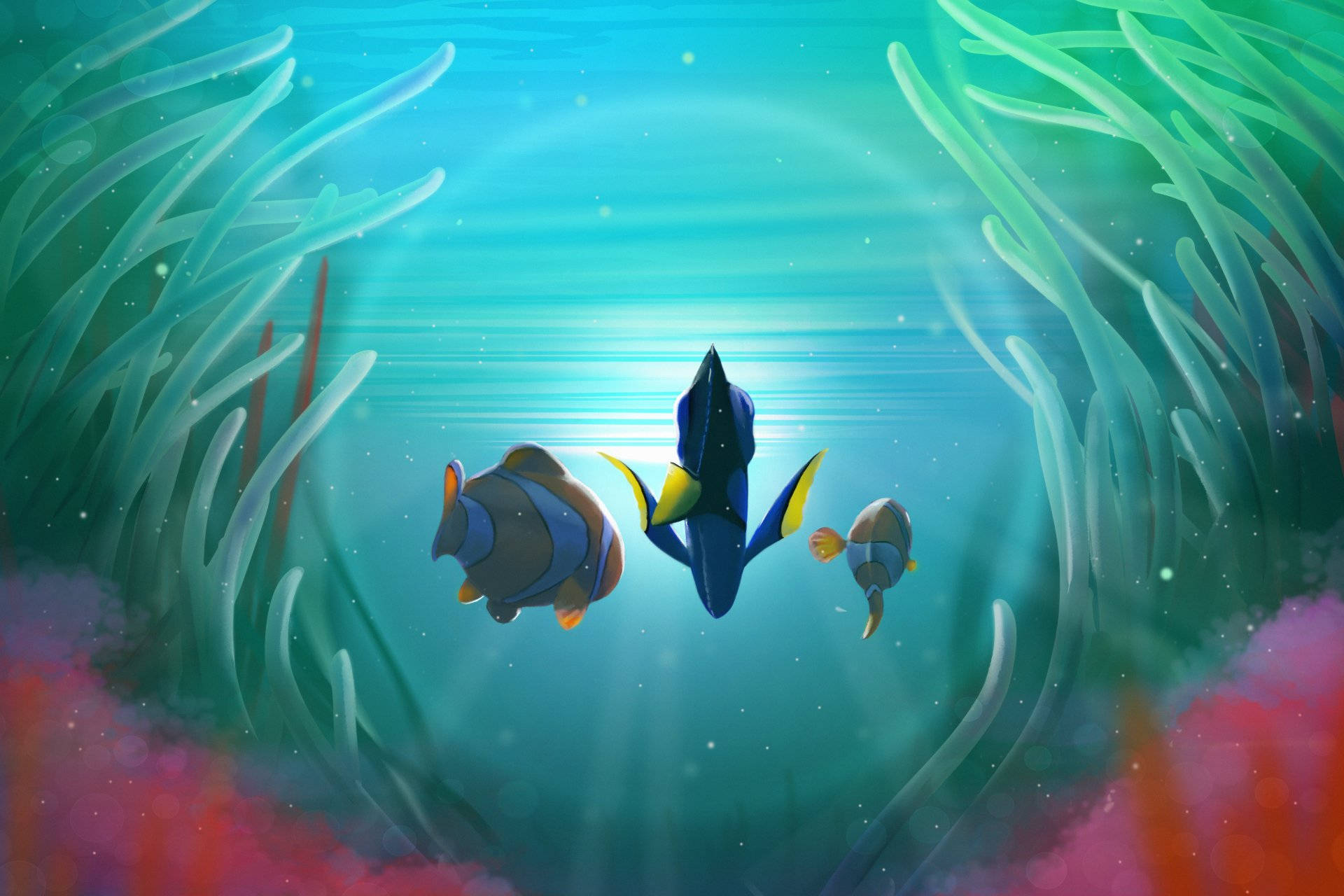 nemo 桌布 壁紙 — 三條色彩繽紛的魚在碧綠的海水中游過發光的珊瑚隧道，陽光穿透水面。