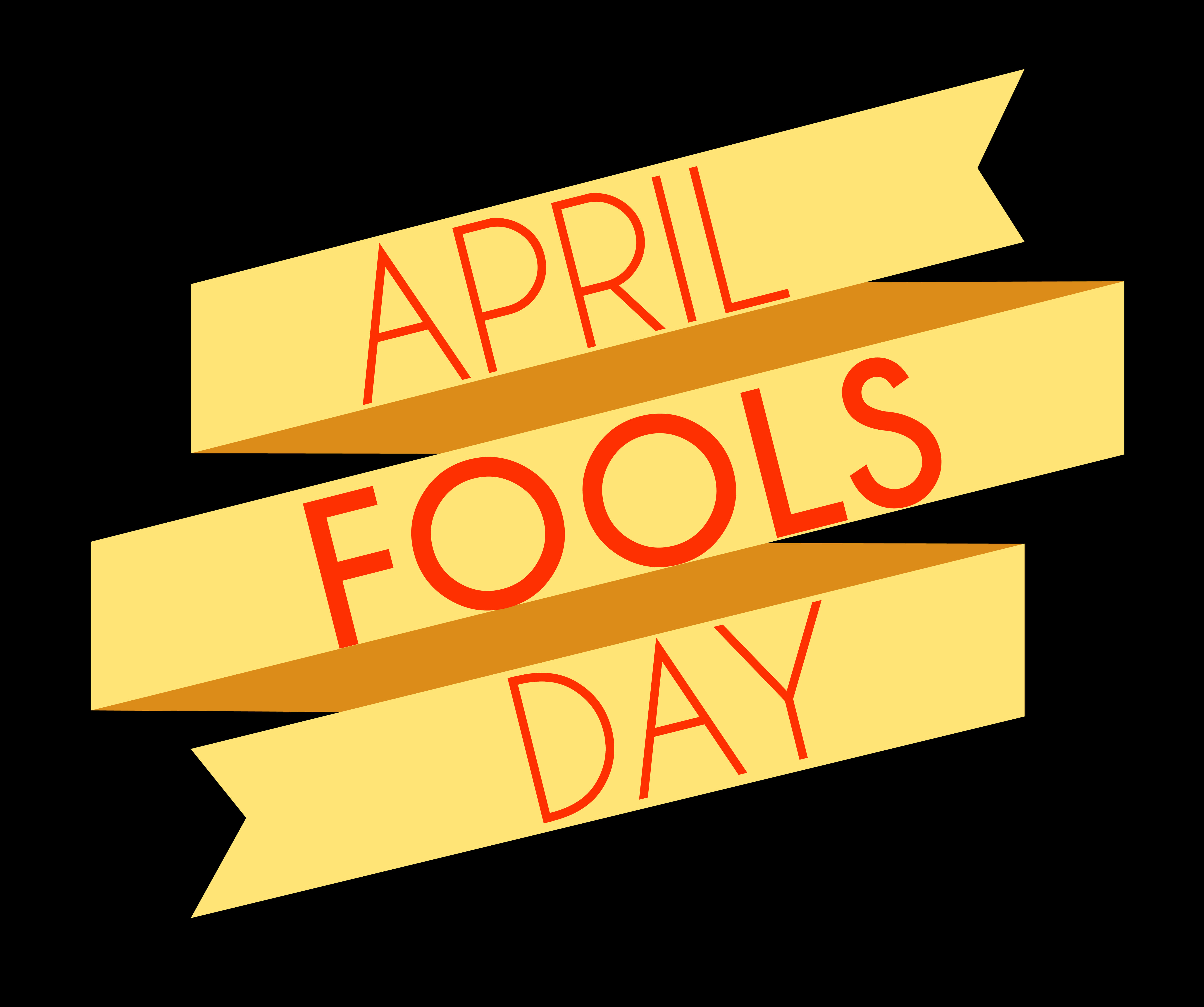 April Fools 桌布 壁紙 — 三條黃色絲帶，上面有紅色文字，斜向閱讀「April Fools Day」，背景為黑色。