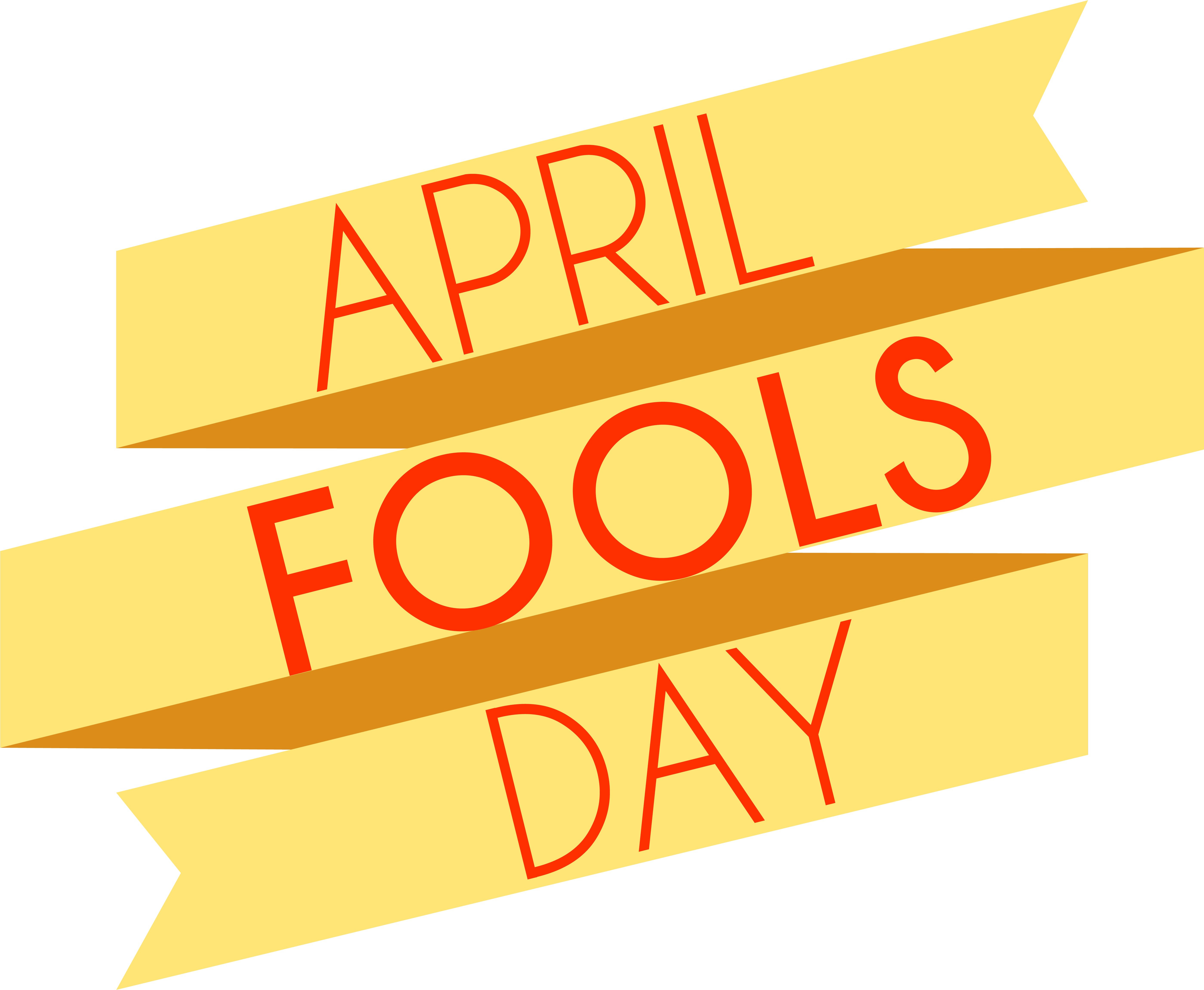 四月 桌布 壁紙 — 三條黃色絲帶，上面有紅色文字斜向閱讀 April Fools Day，背景為黑色。
