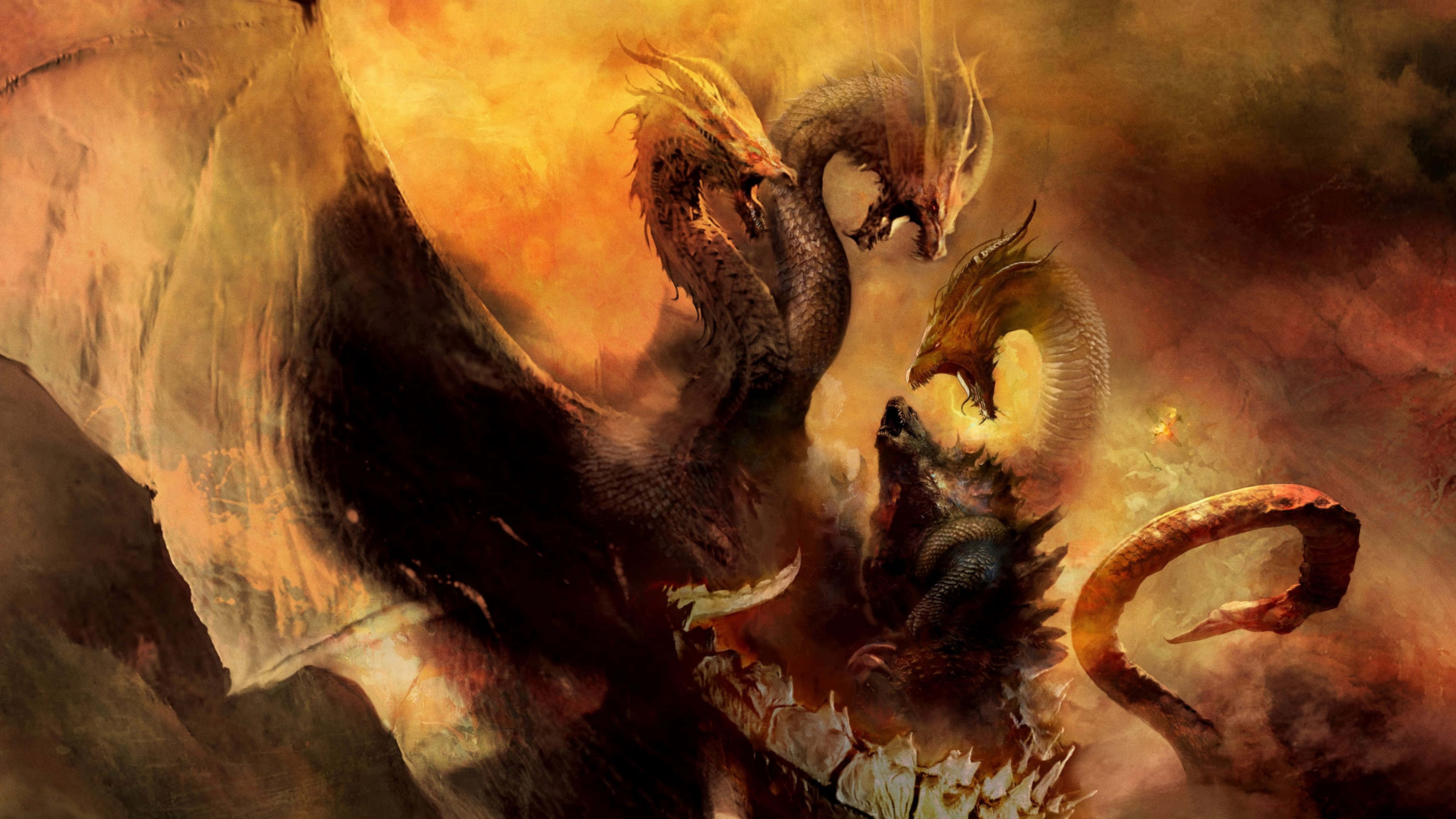 Godzilla Vs King Ghidorah 桌布 壁紙 — 三條龍在旋轉的橙色和棕色煙霧與餘燼中激烈交戰。