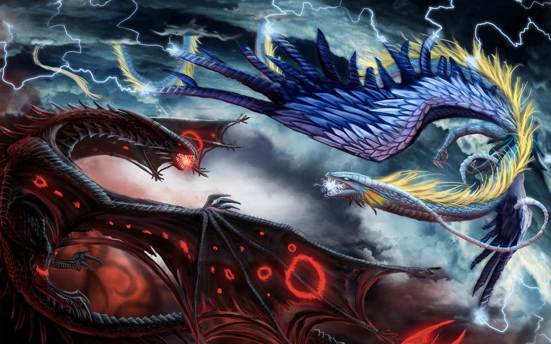 Epic Dragon 桌布 壁紙 — 三條龍在暴風雨中碰撞，閃電照亮它們的鱗片和發光的眼睛。