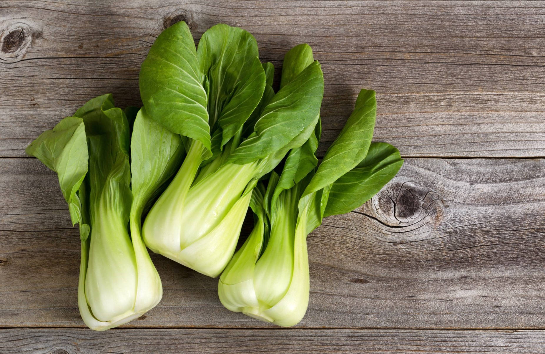 Vegetables 桌布 壁紙 — 三棵新鮮的小白菜，帶有鮮綠色的葉子，放在一個風化的灰色木質表面上。