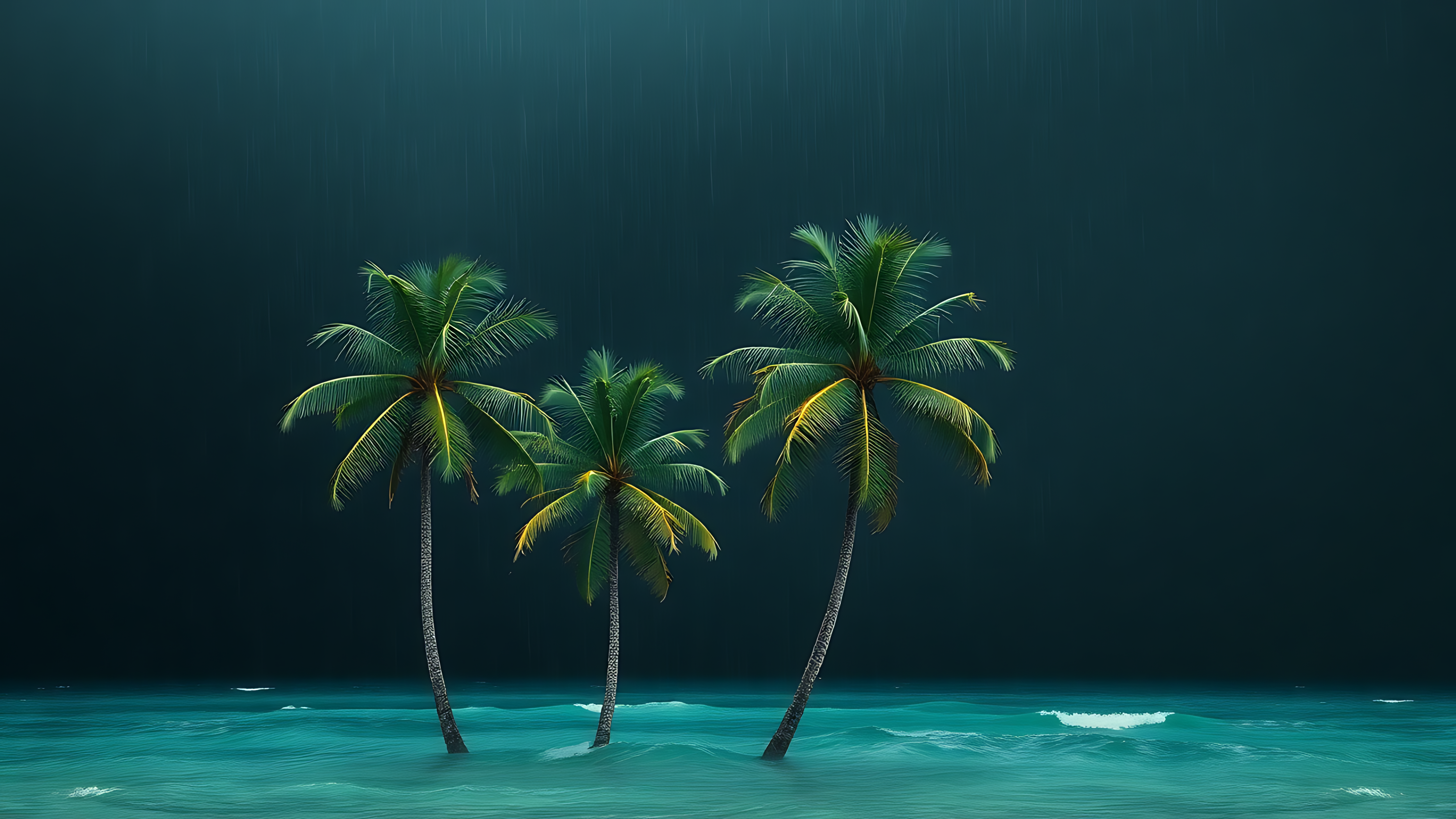 Tropical 桌布 壁紙 — 三棵棕櫚樹矗立在碧綠色的海水中，天空陰暗多雨，綠色的樹葉閃閃發光。