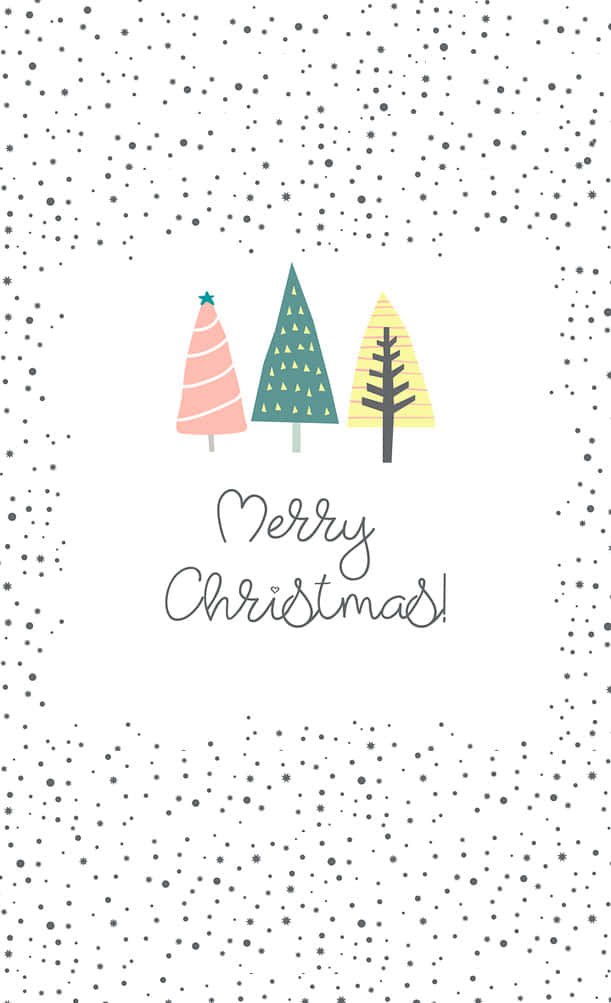 Cute Simple Christmas 桌布 壁紙 — 三棵風格化的彩色聖誕樹，帶有雪花點，圍繞著手寫的「聖誕快樂！」問候。