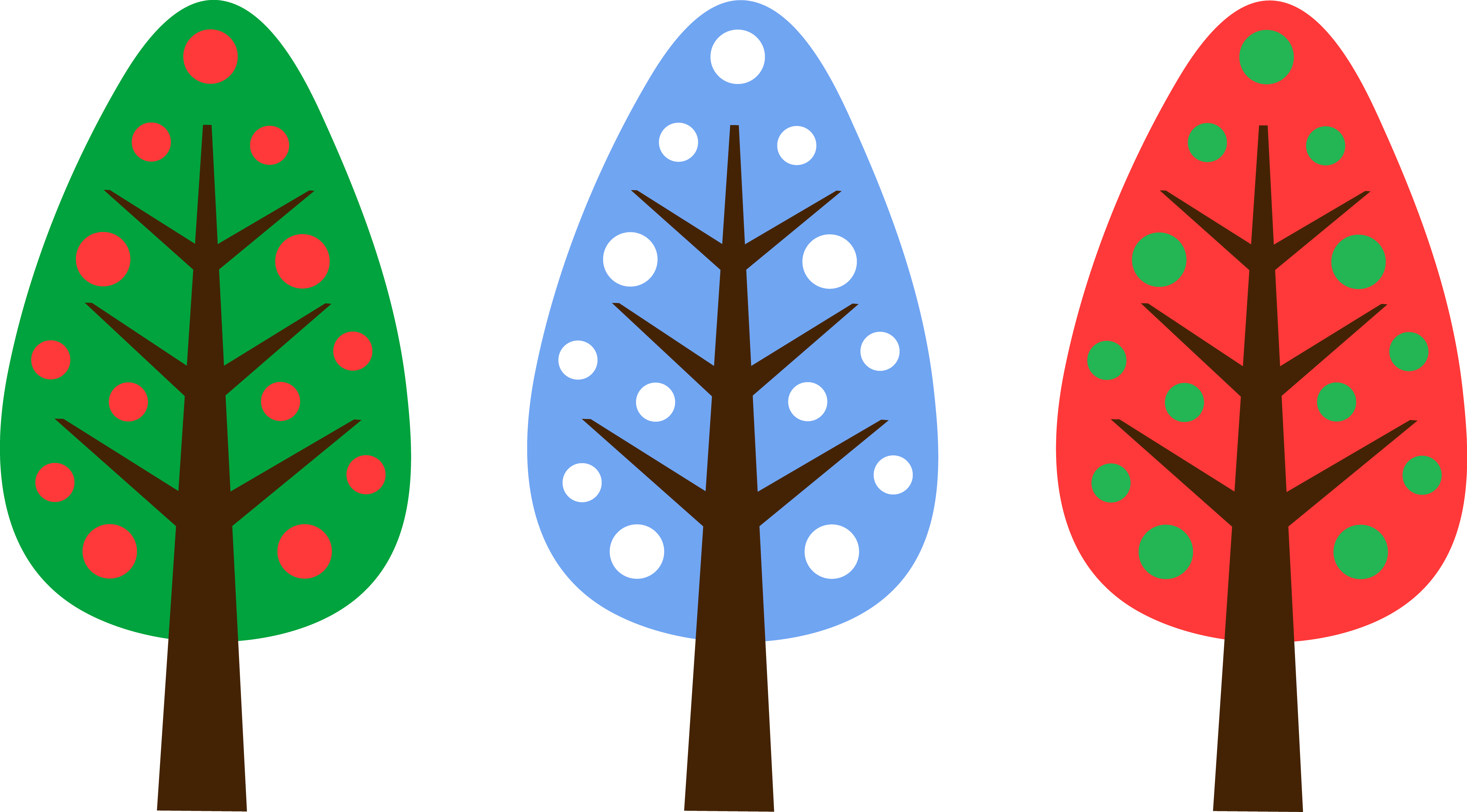 Christmas Clip Art 桌布 壁紙 — 三棵風格化的樹木，背景分別為紅色、綠色和藍色，每棵樹都飾有圓形裝飾，襯以黑色背景。