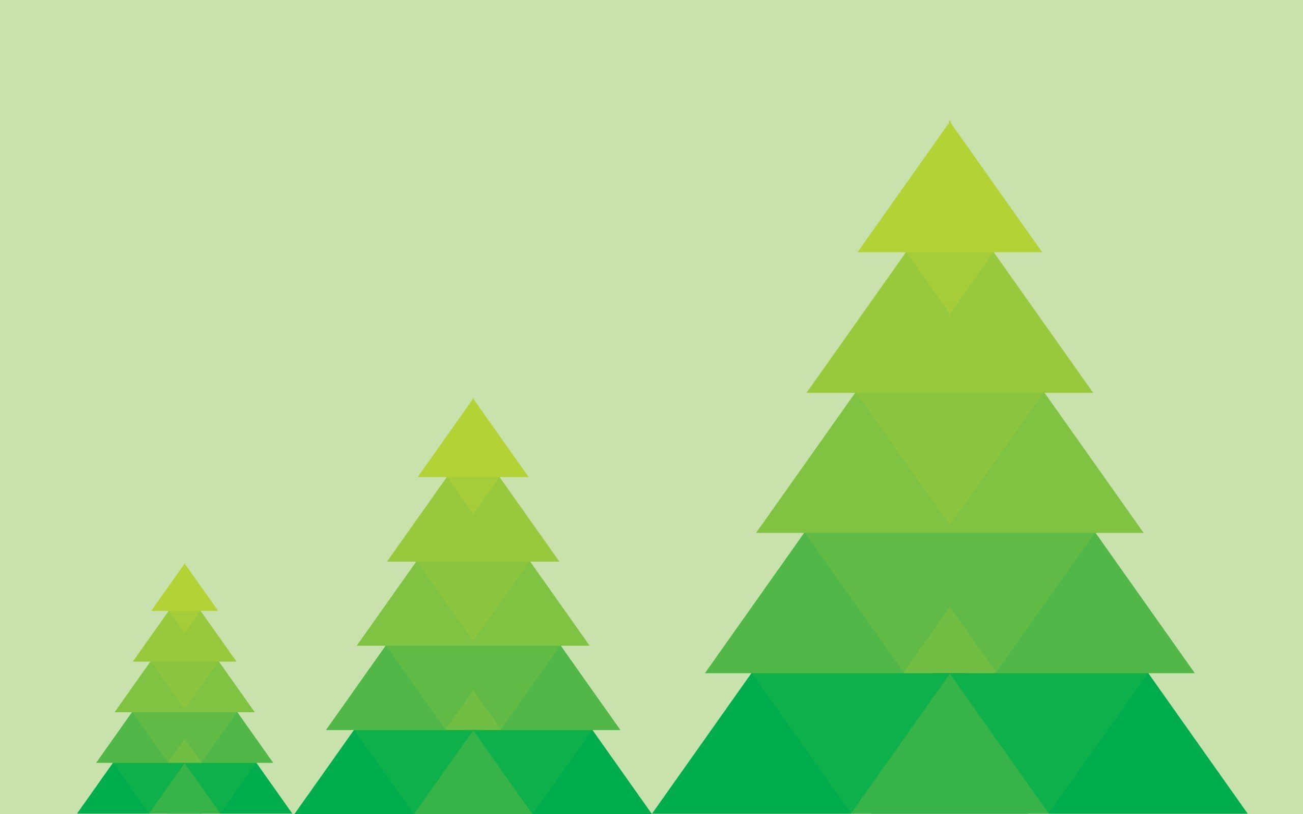 Green Minimalistic 桌布 壁紙 — 三棵風格化的綠色三角形樹，以幾何漸變層疊在柔和的薄荷色背景上。