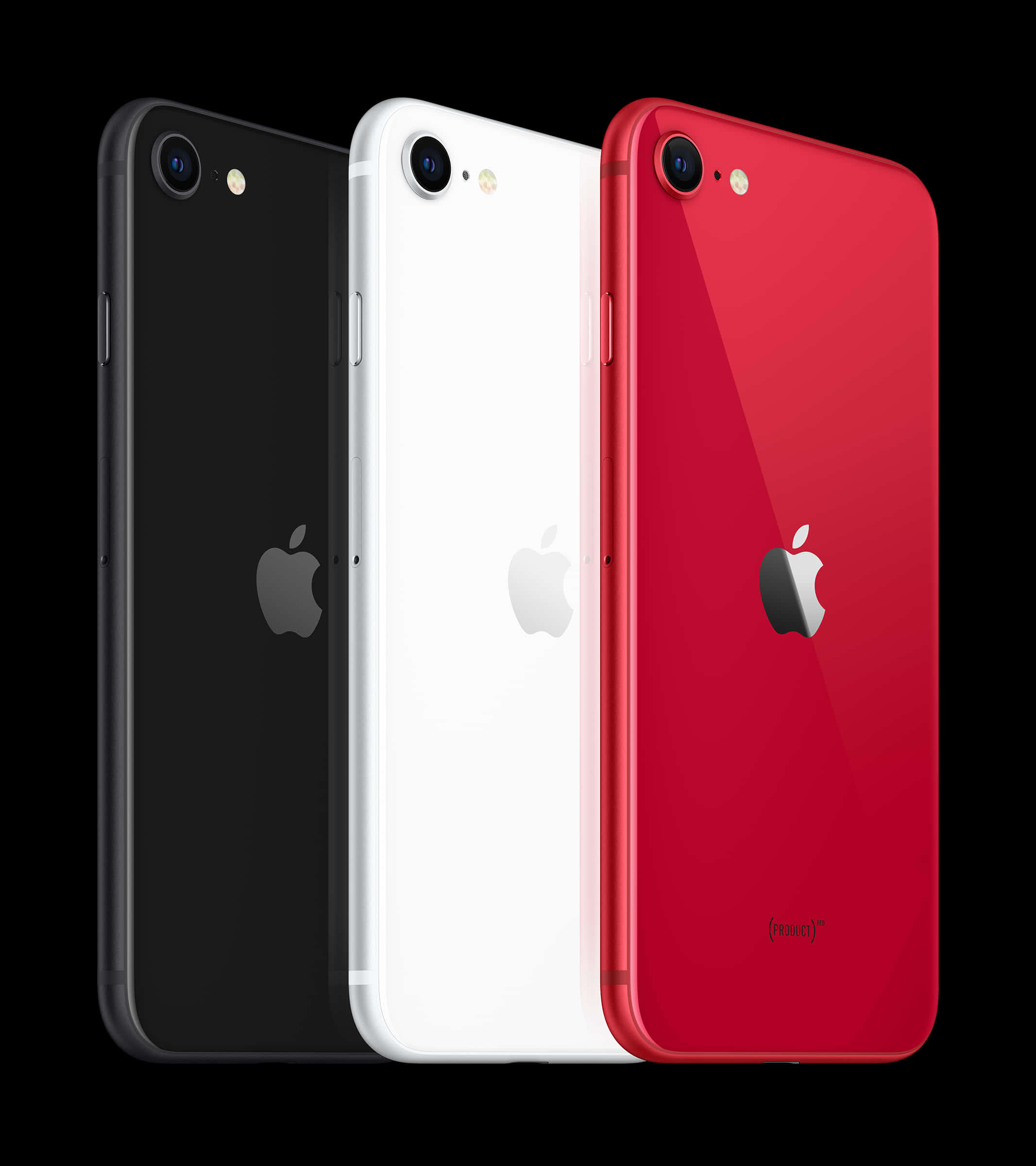 Apple Phone 桌布 壁紙 — 三款 iPhone 7 型號，黑色、白色和紅色，從背面展示在黑色背景上。