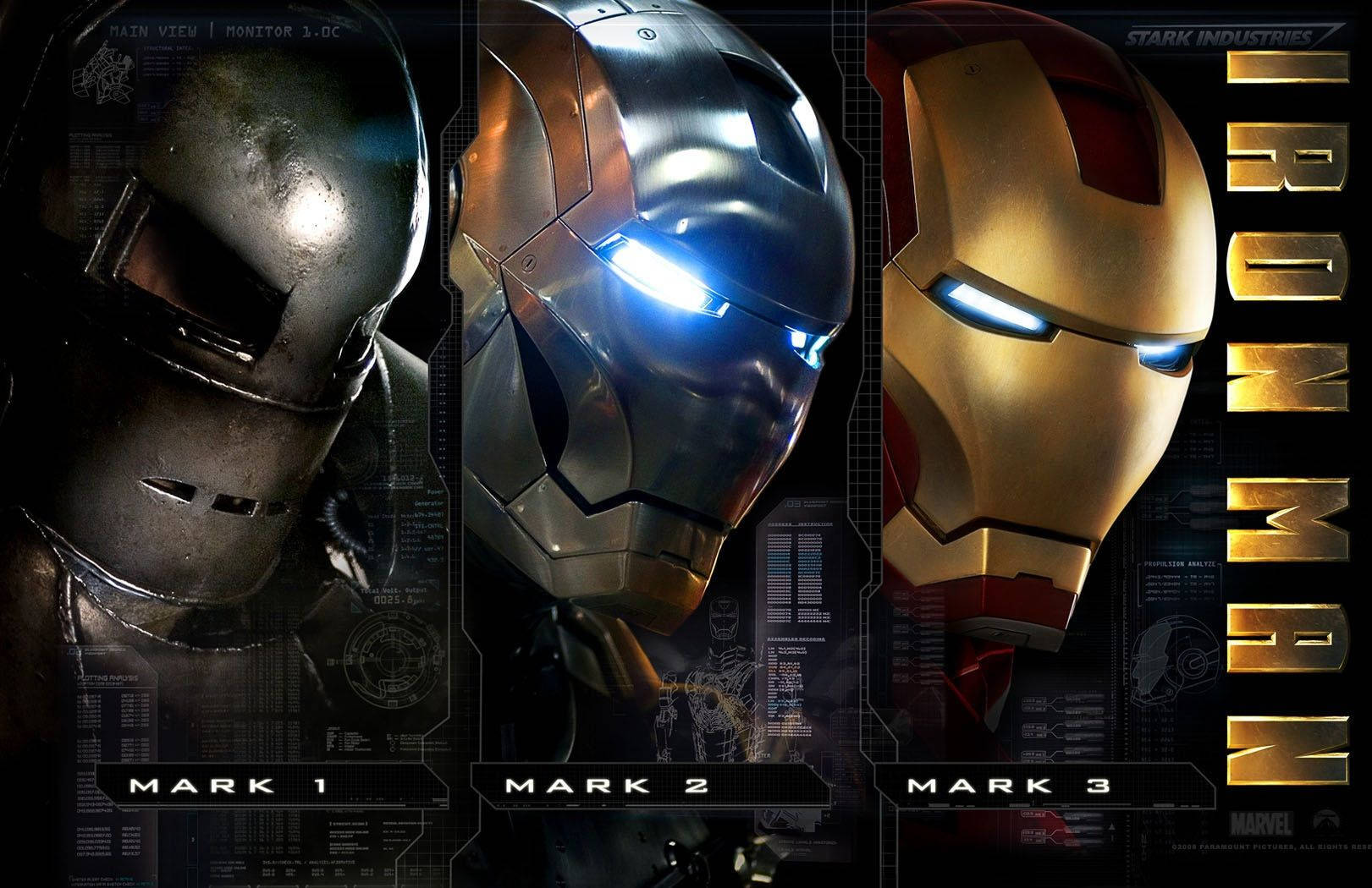 Iron Man Mark 3 桌布 壁紙 — 三款 Iron Man 戰甲，從 Mark 1 到 Mark 3，並排展示，帶有發光眼睛和科技介面背景。