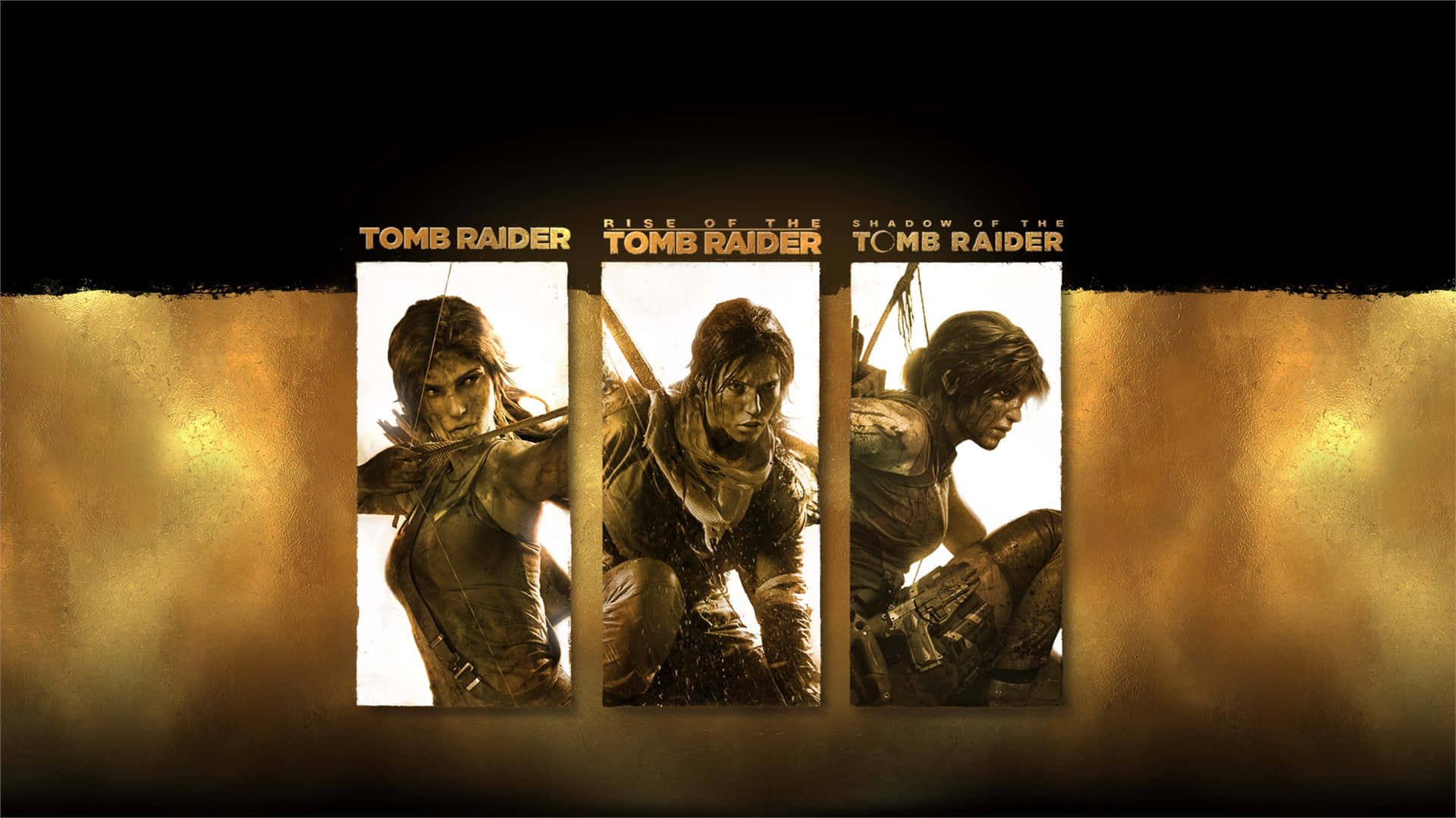 Best Shadow Of The Tomb Raider 桌布 壁紙 — 三款《古墓奇兵》遊戲封面展示了蘿拉·卡芙特在紋理金色背景前的粗獷冒險姿勢。