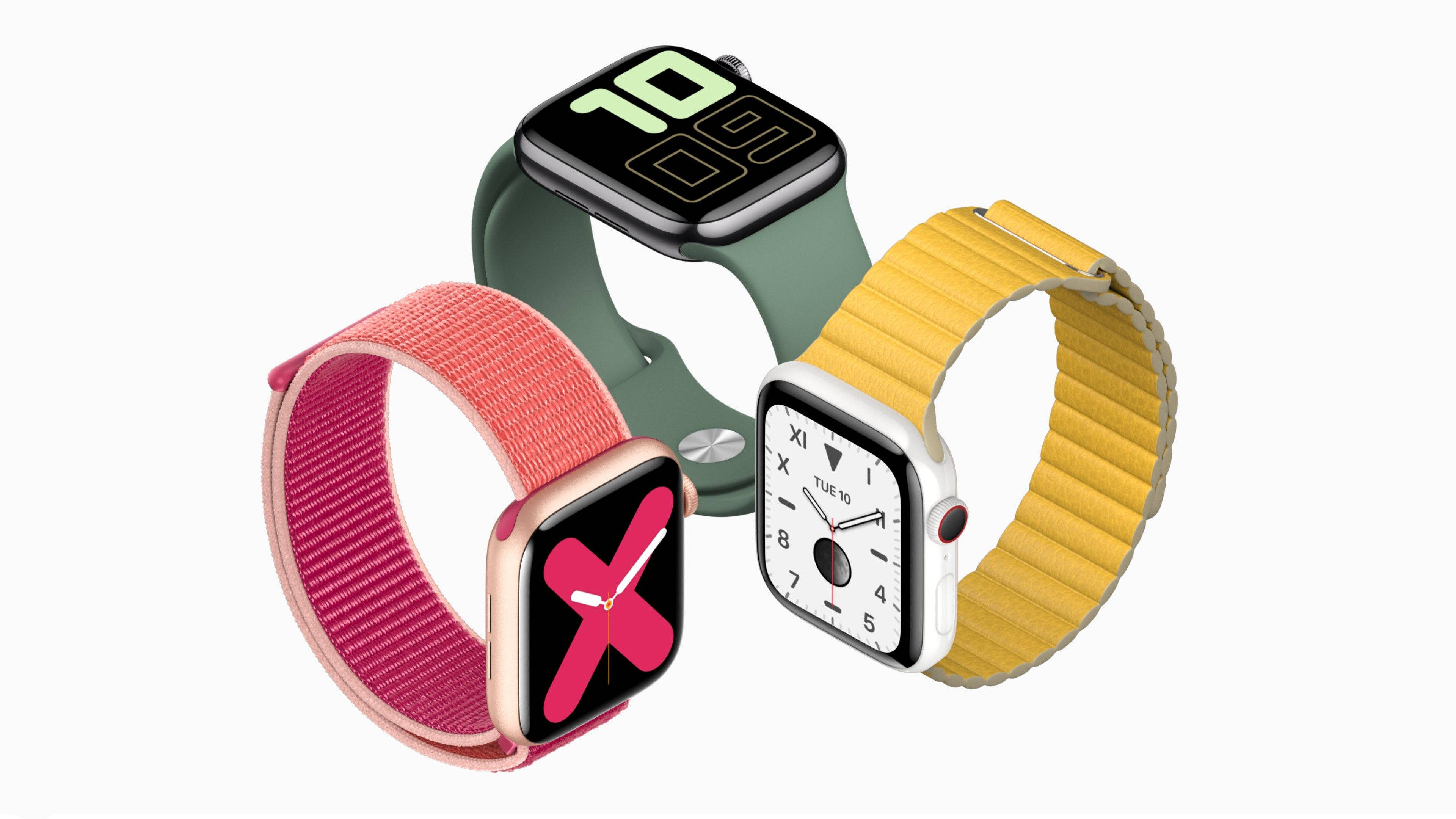 Apple Watch 動態 桌布 壁紙 — 三款Apple Watch，配以色彩繽紛的錶帶和獨特的錶面，在潔白的背景上展示。