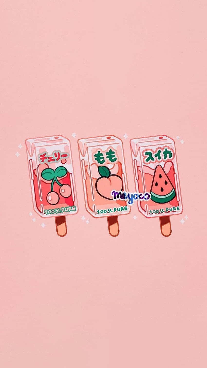 Pink Aesthetic Anime Phone 桌布 壁紙 — 三款可愛插畫風格的冰棒，有櫻桃、桃子和西瓜口味，漂浮在柔和的粉紅色背景上。