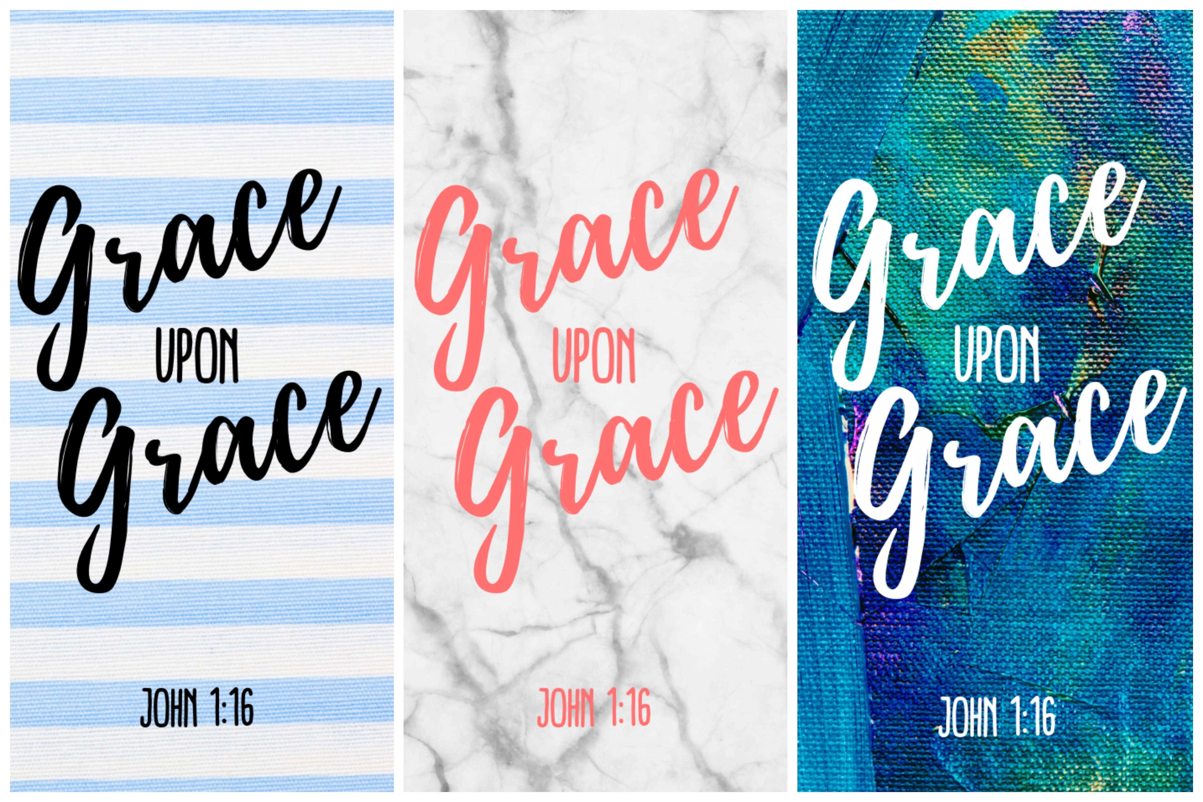 grace 桌布 壁紙 — 三款壁紙設計，每款均以不同字體和背景（包括條紋、大理石和抽象紋理）顯示 Grace Upon Grace 字句，下方引用約翰福音 1:16。