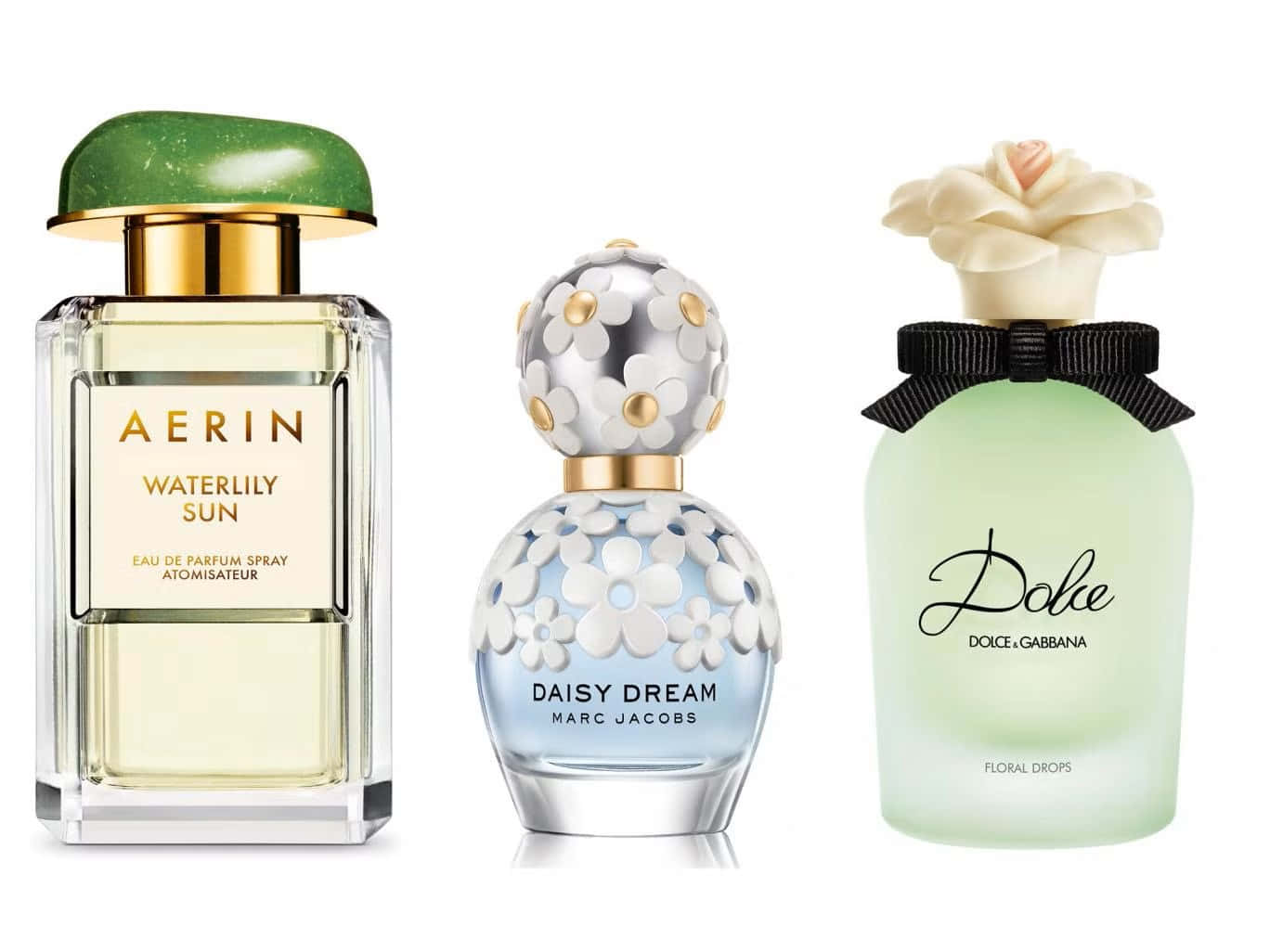 Spring Perfume 桌布 壁紙 — 三款奢華香水瓶在潔白背景上展示，呈現獨特設計與標籤。