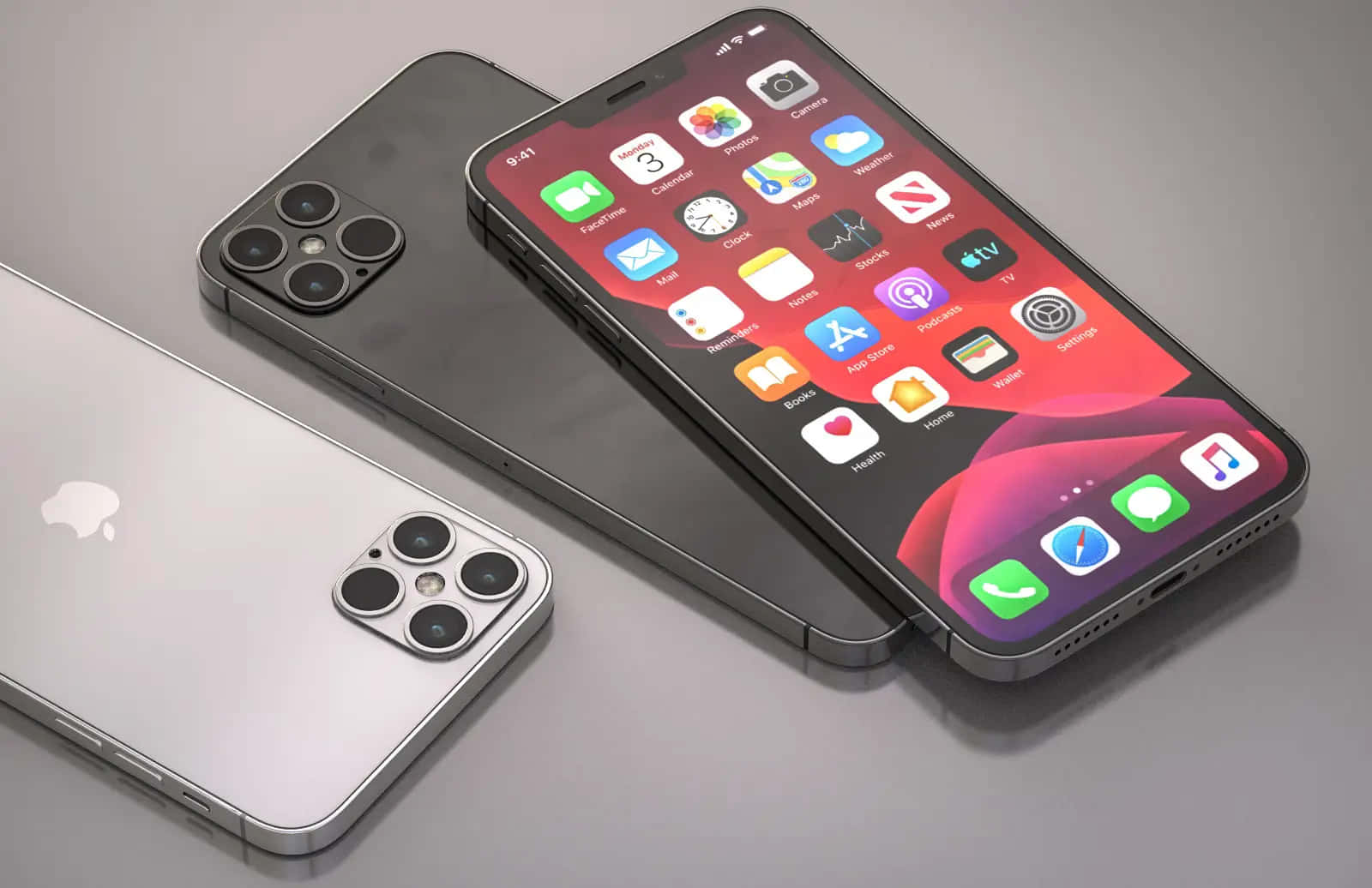 Apple Phone 桌布 壁紙 — 三款時尚現代智慧型手機，配備鮮豔螢幕和金屬質感，放置在簡約灰色表面上。