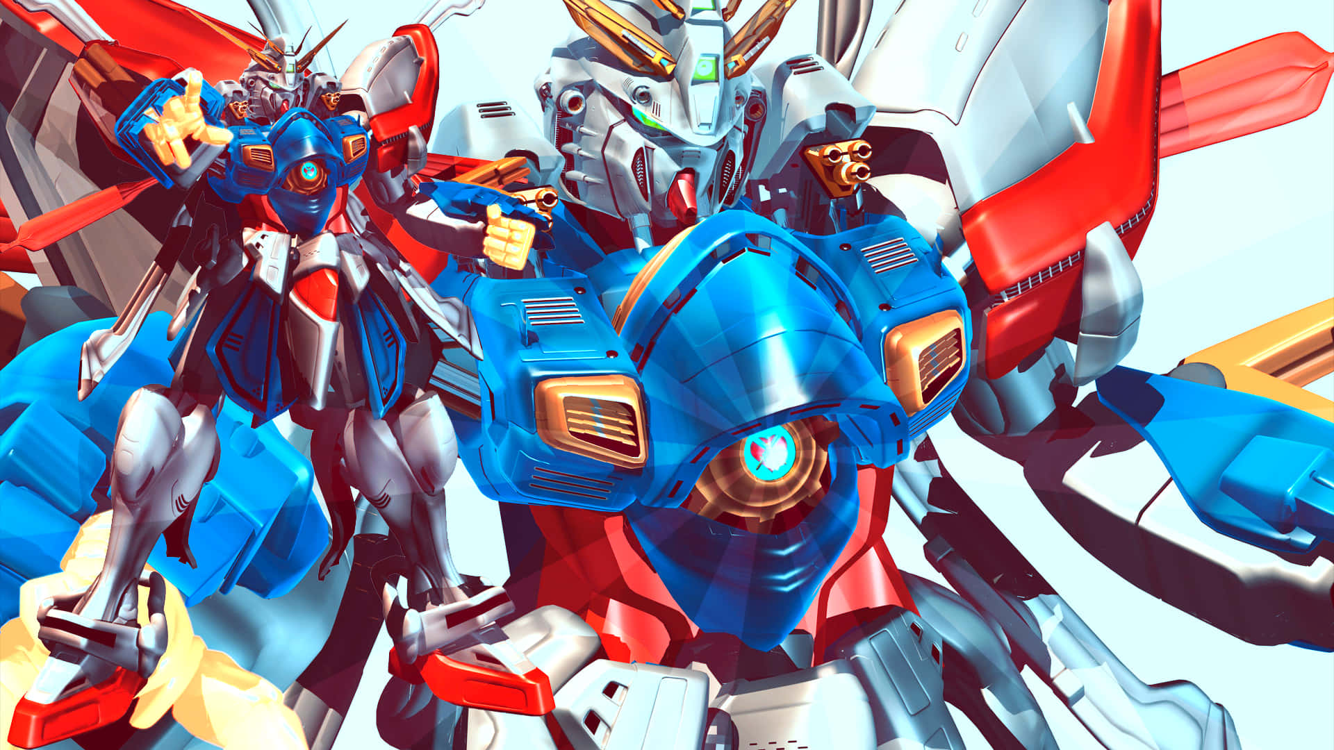 Gundam Desktop 桌布 壁紙 — 三款細節豐富的動畫機甲，分別為藍色、紅色和銀色，動態地站在明亮的白色背景前。