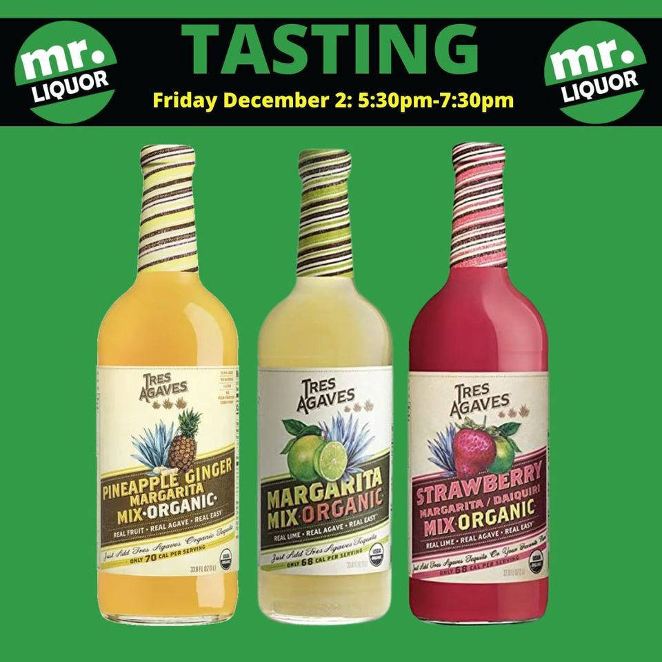 drinks 桌布 壁紙 — 三款色彩繽紛的 Tres Agaves 瑪格麗特調酒瓶，展示在充滿活力的綠色背景上，附有活動詳情。