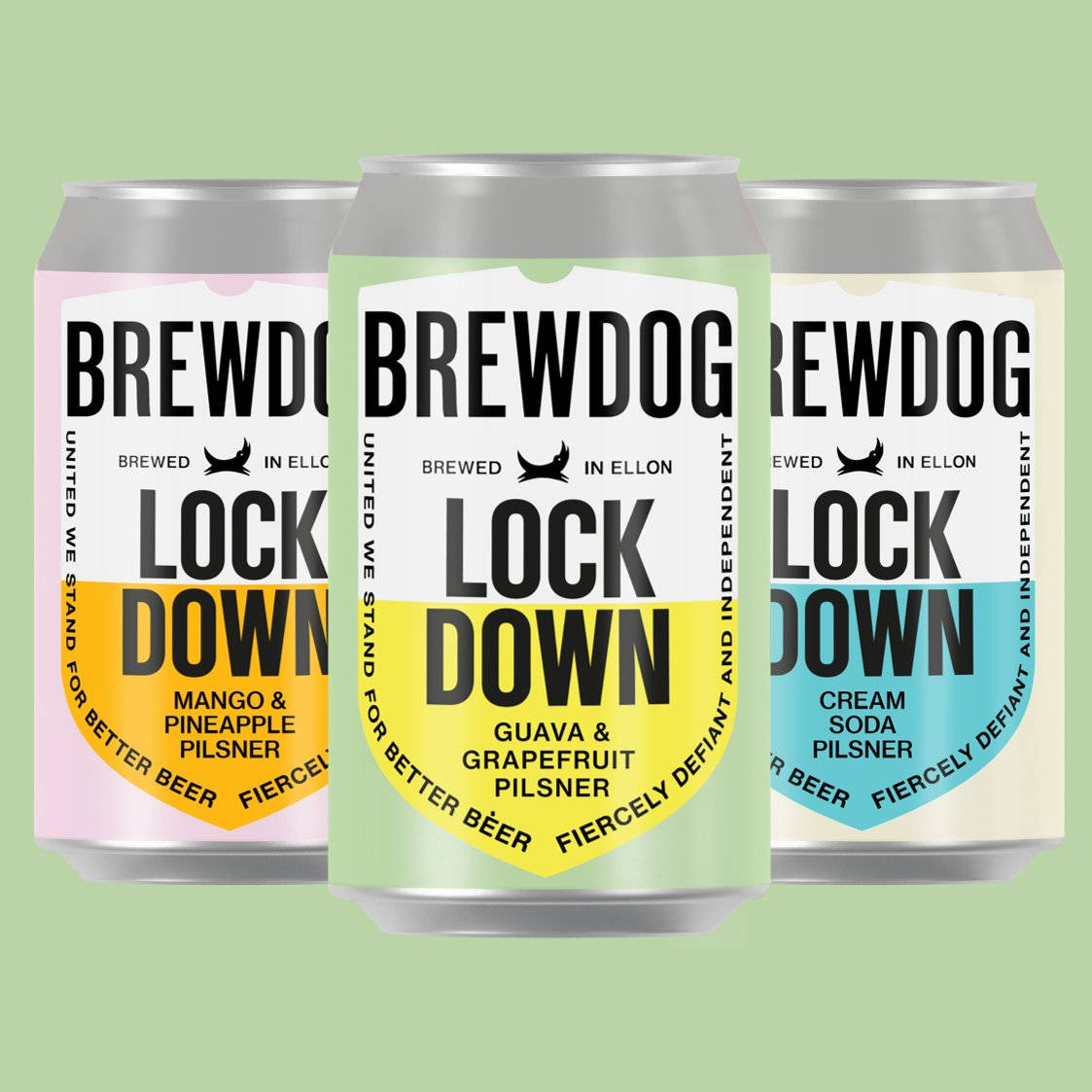 Drink 桌布 壁紙 — 三款色彩繽紛的BrewDog Lockdown啤酒罐，口味包括芒果、鳳梨、番石榴、葡萄柚和奶油蘇打，放在柔和的綠色背景前。