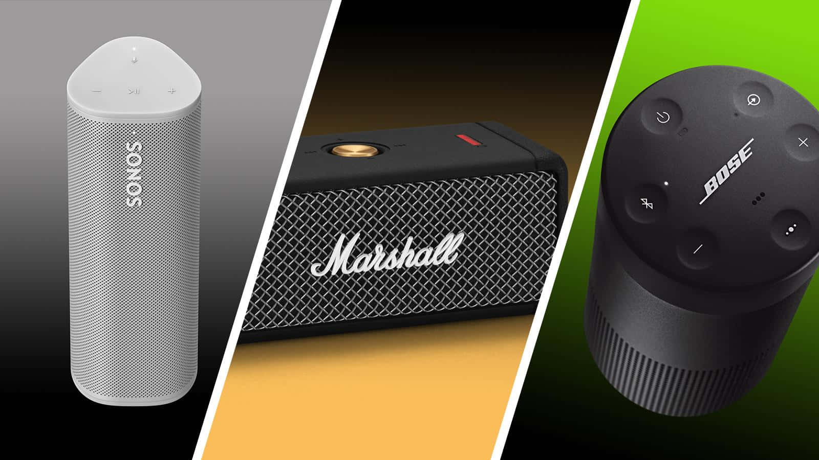 金屬質感 桌布 壁紙 — 三款高級便攜式喇叭 Sonos Marshall 和 Bose 在對比漸變背景上展示。
