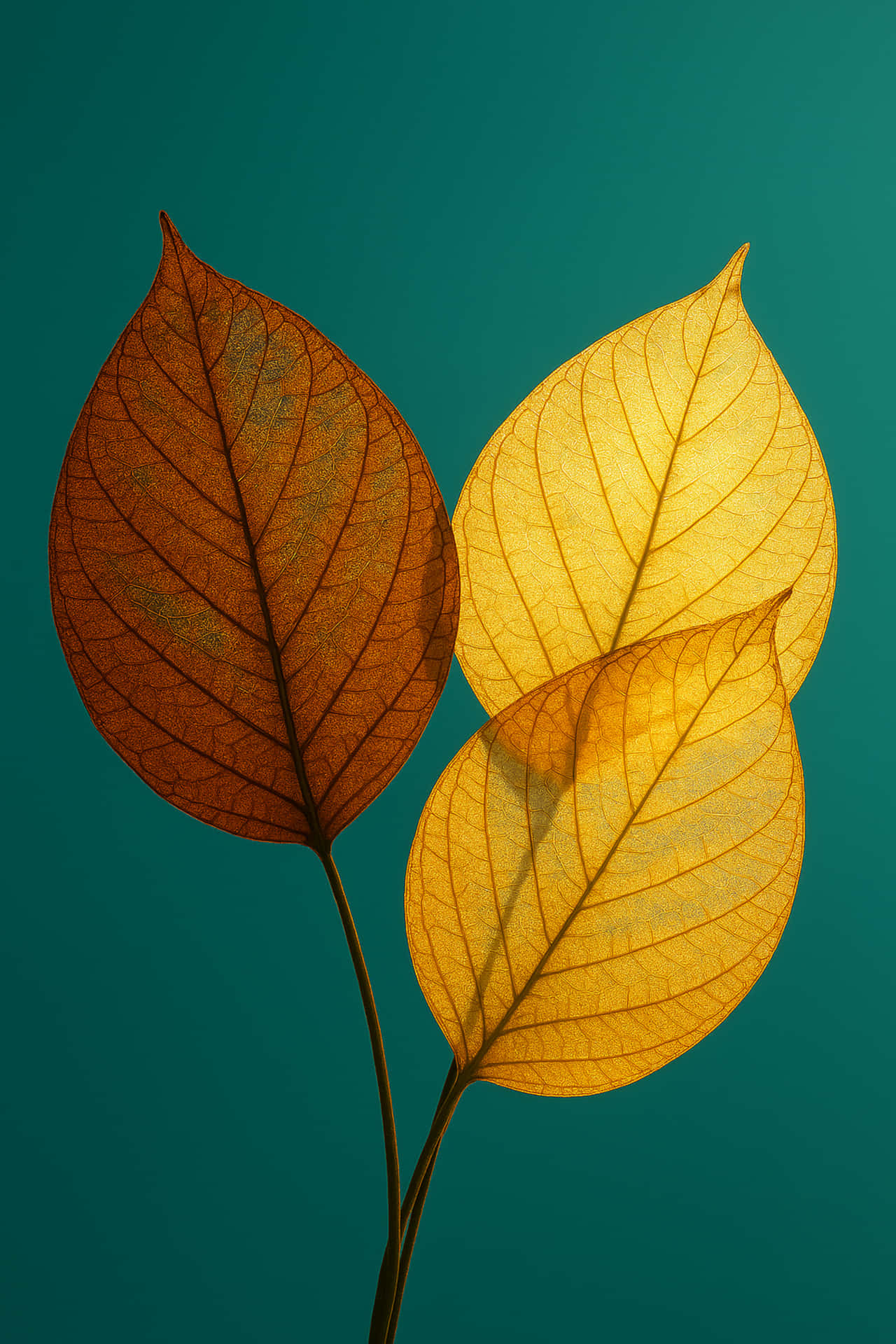 Autumn leaves turquoise background 壁紙 — 三片半透明的葉子在琥珀金和焦橙色中發光，背景為深青色。