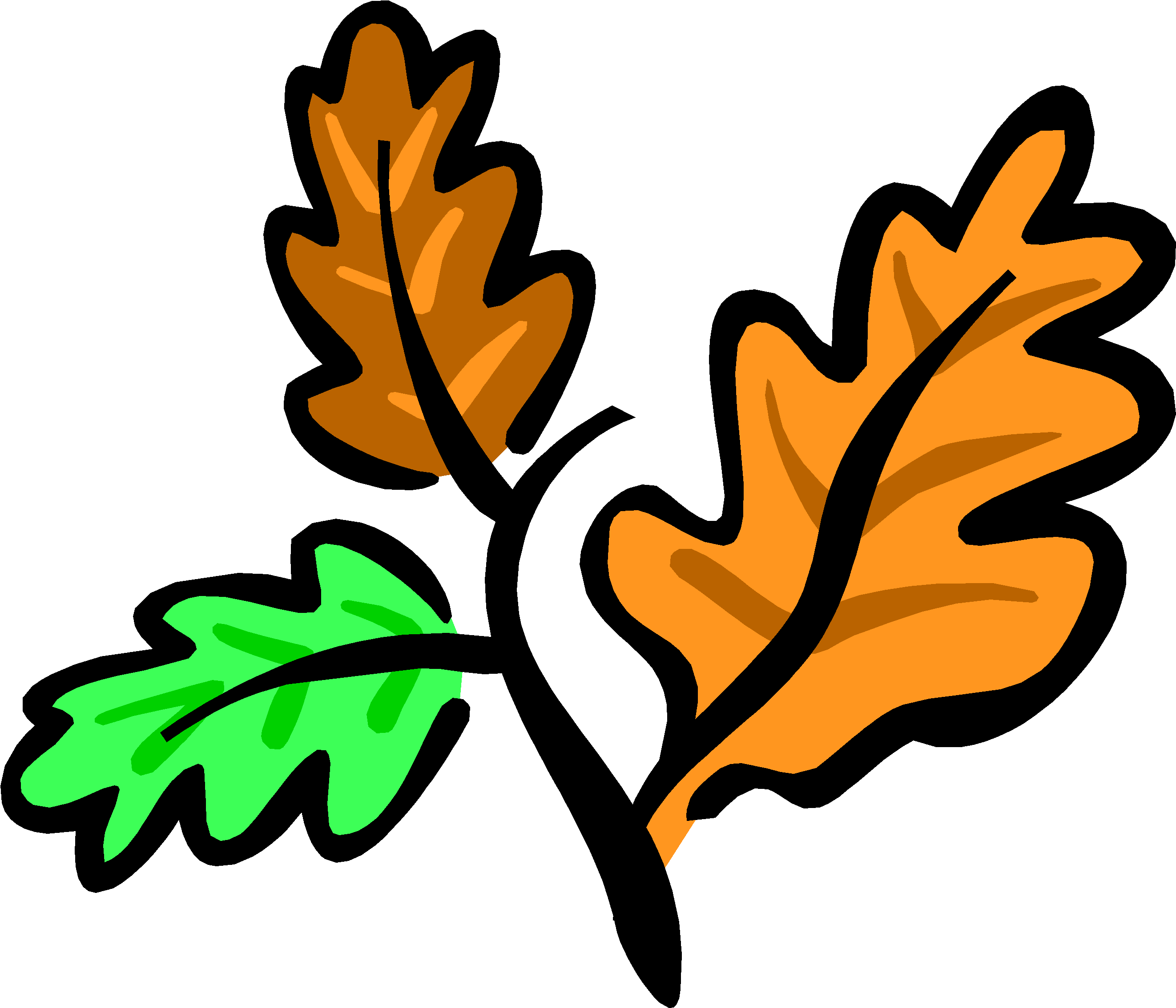 Branch 桌布 壁紙 — 三片風格化的橡樹葉——一片綠色和兩片秋橙色——在純黑色背景上漂浮，帶有粗線條輪廓。