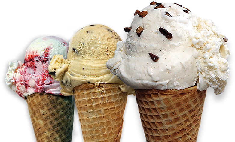icecream 桌布 壁紙 — 三球色彩繽紛的冰淇淋放在鬆餅筒上，以純黑背景襯托。