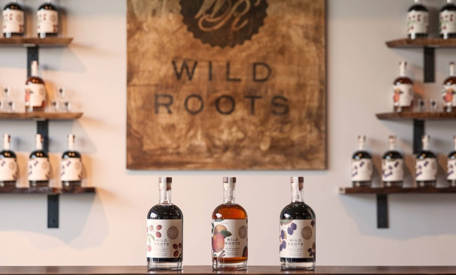 bottle 桌布 壁紙 — 三瓶 Wild Roots 烈酒放在櫃檯上，下方有一個質樸的木牌，後面有架子放著更多瓶子。