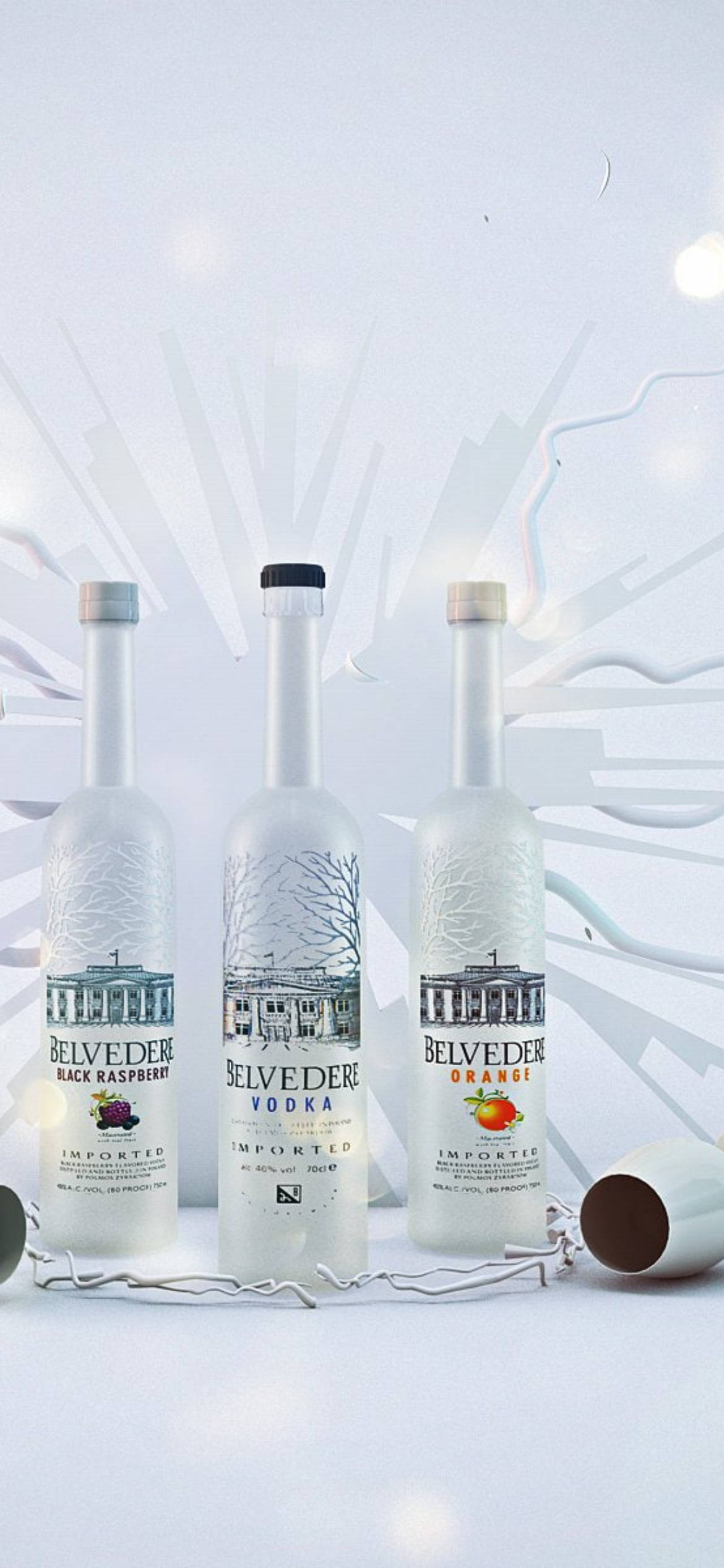 alcohol 桌布 壁紙 — 三瓶Belvedere伏特加酒，口味分別為黑覆盆子、橙和經典，矗立在明亮抽象白色背景前，帶有發光的燈光。