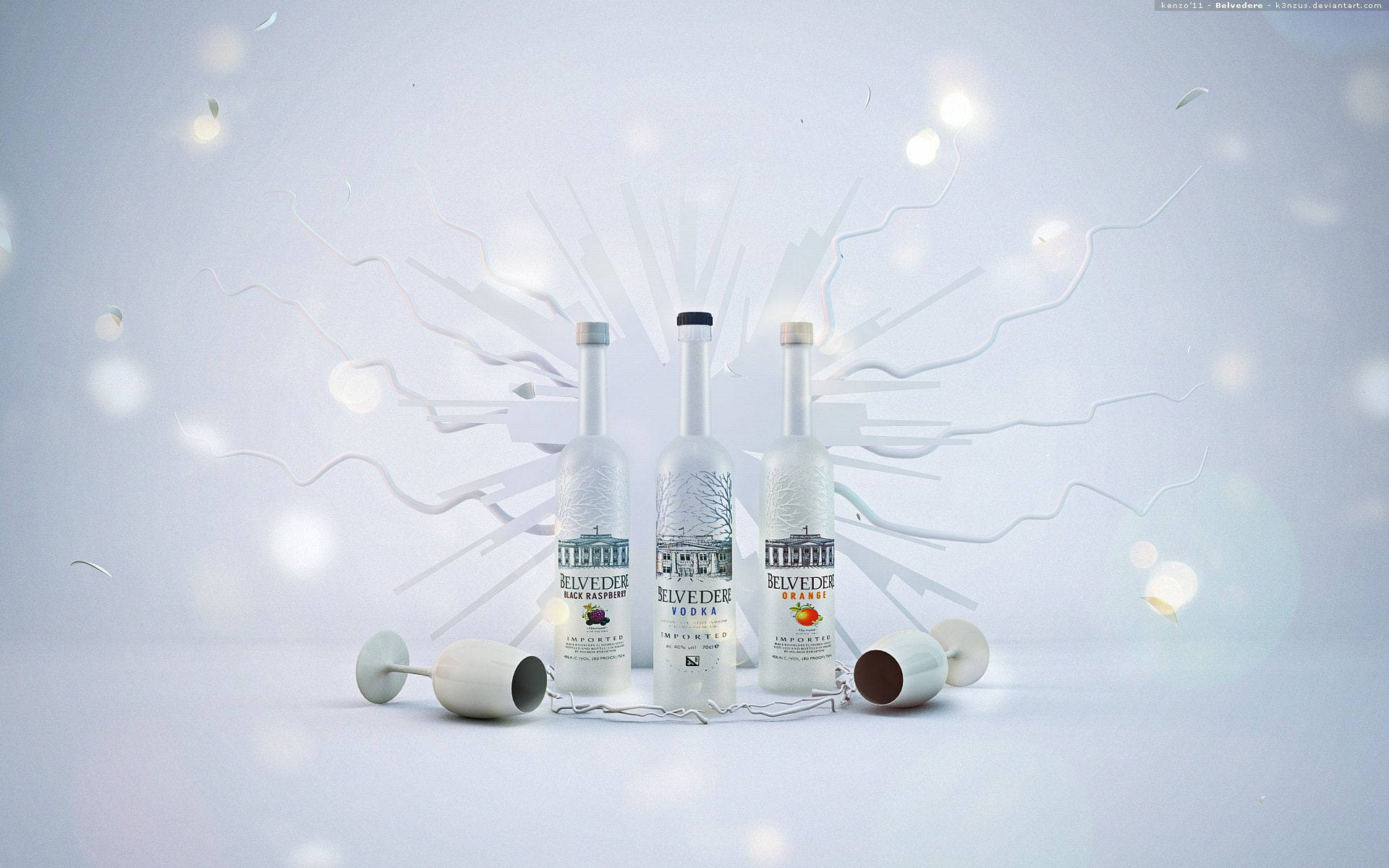 alcohol 桌布 壁紙 — 三瓶Belvedere伏特加酒瓶矗立在破碎玻璃碎片和發光散景燈光之間，置於極簡白色表面上。