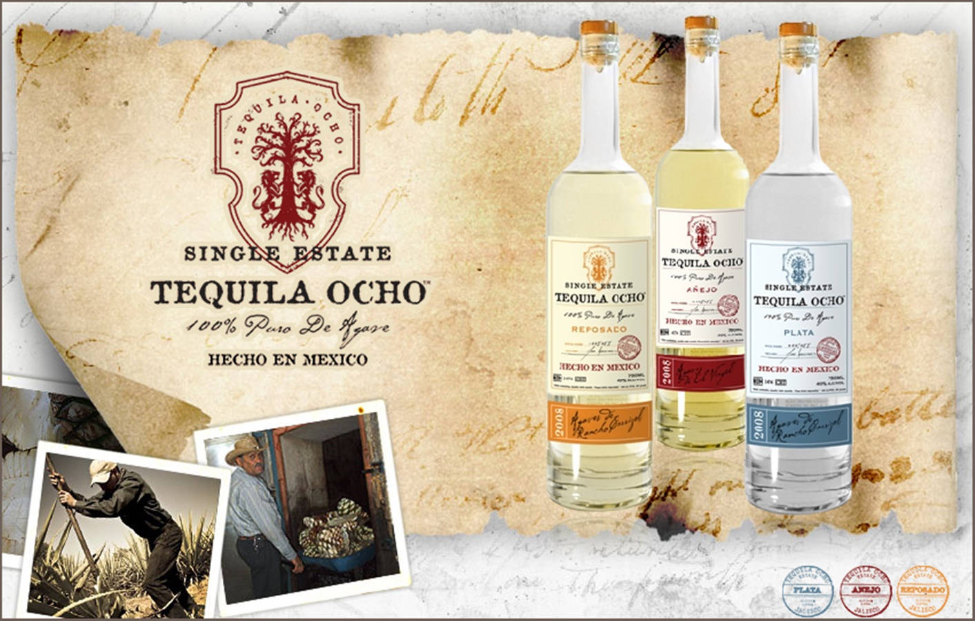 bottle 桌布 壁紙 — 三瓶Tequila Ocho放在陳舊羊皮紙上，下方有龍舌蘭收割者的復古照片。