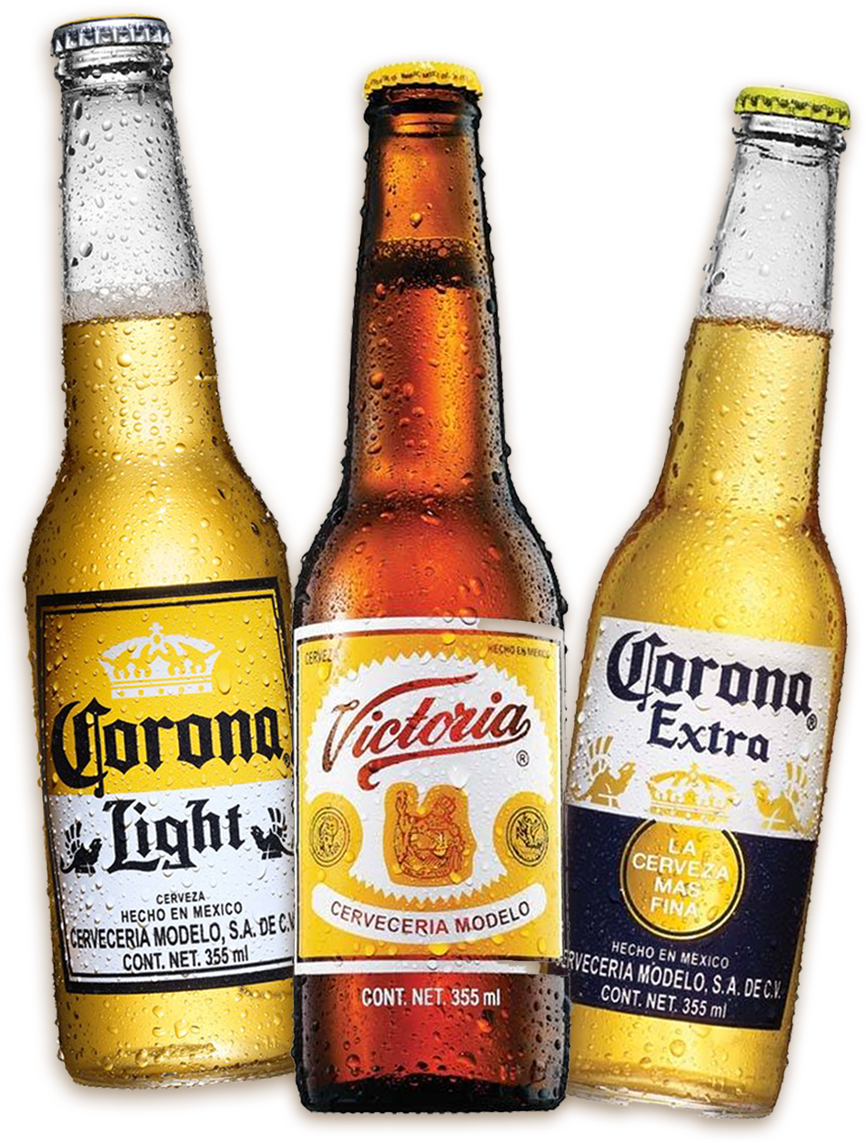 Beer Free 桌布 壁紙 — 三瓶冰凍墨西哥啤酒瓶，帶有冷凝水滴，背景為黑色。