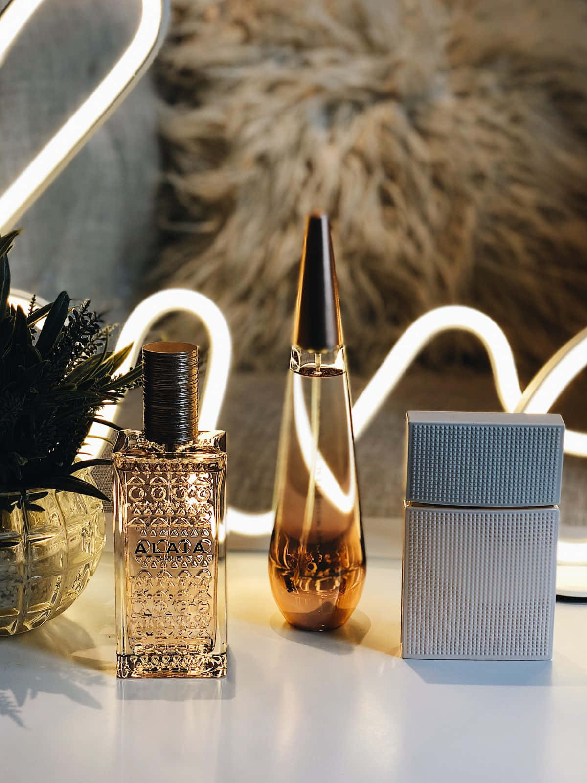 Spring Perfume 桌布 壁紙 — 三瓶奢華香水在霓虹燈下閃爍，旁邊是一個有紋理的毛絨枕頭和一個裝有深色葉子的玻璃花瓶。