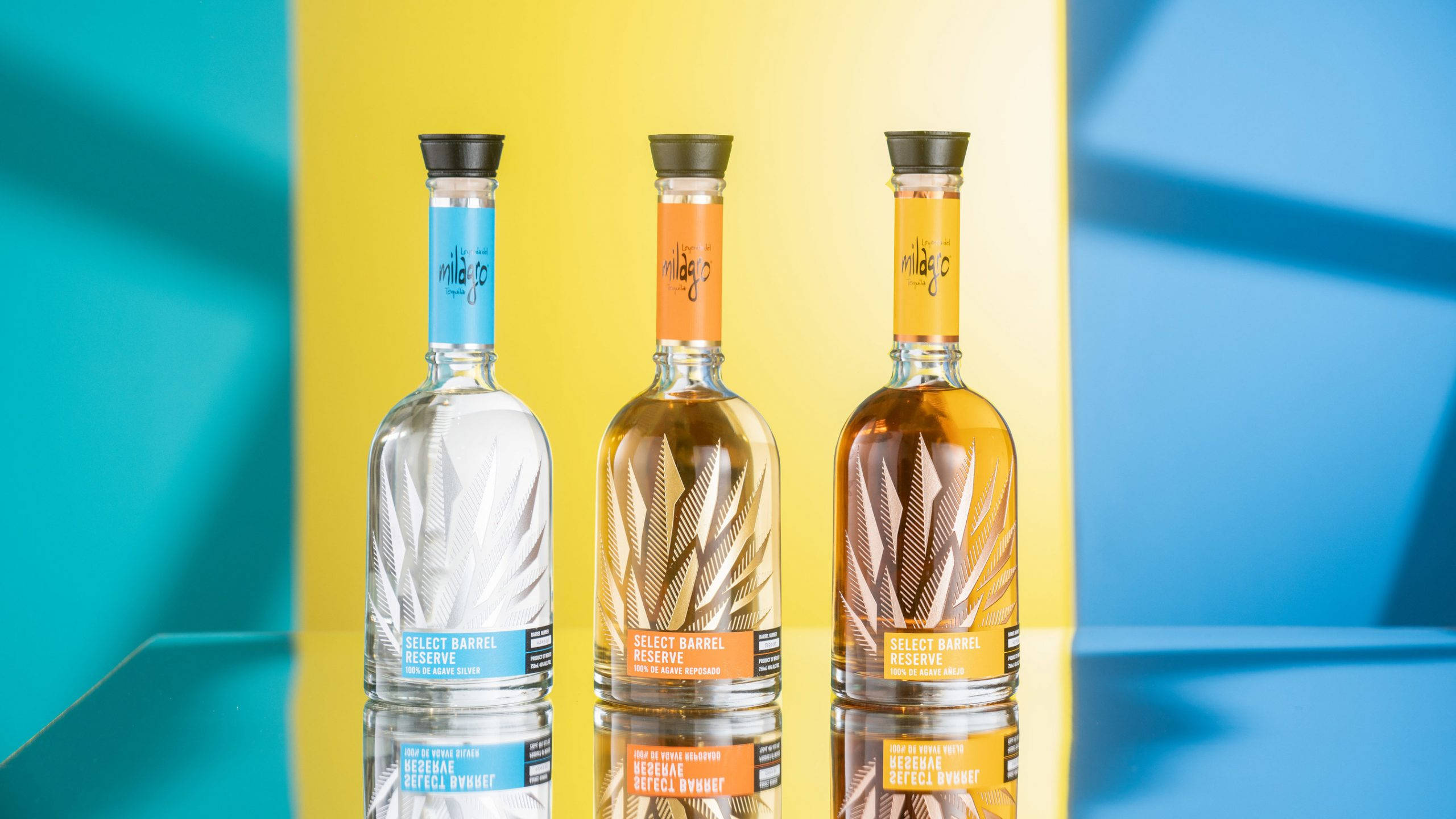 drinks 桌布 壁紙 — 三瓶帶有羽毛設計標籤的威士忌酒瓶，在鮮明的黃色和藍色背景上排列成一排，帶有倒影。