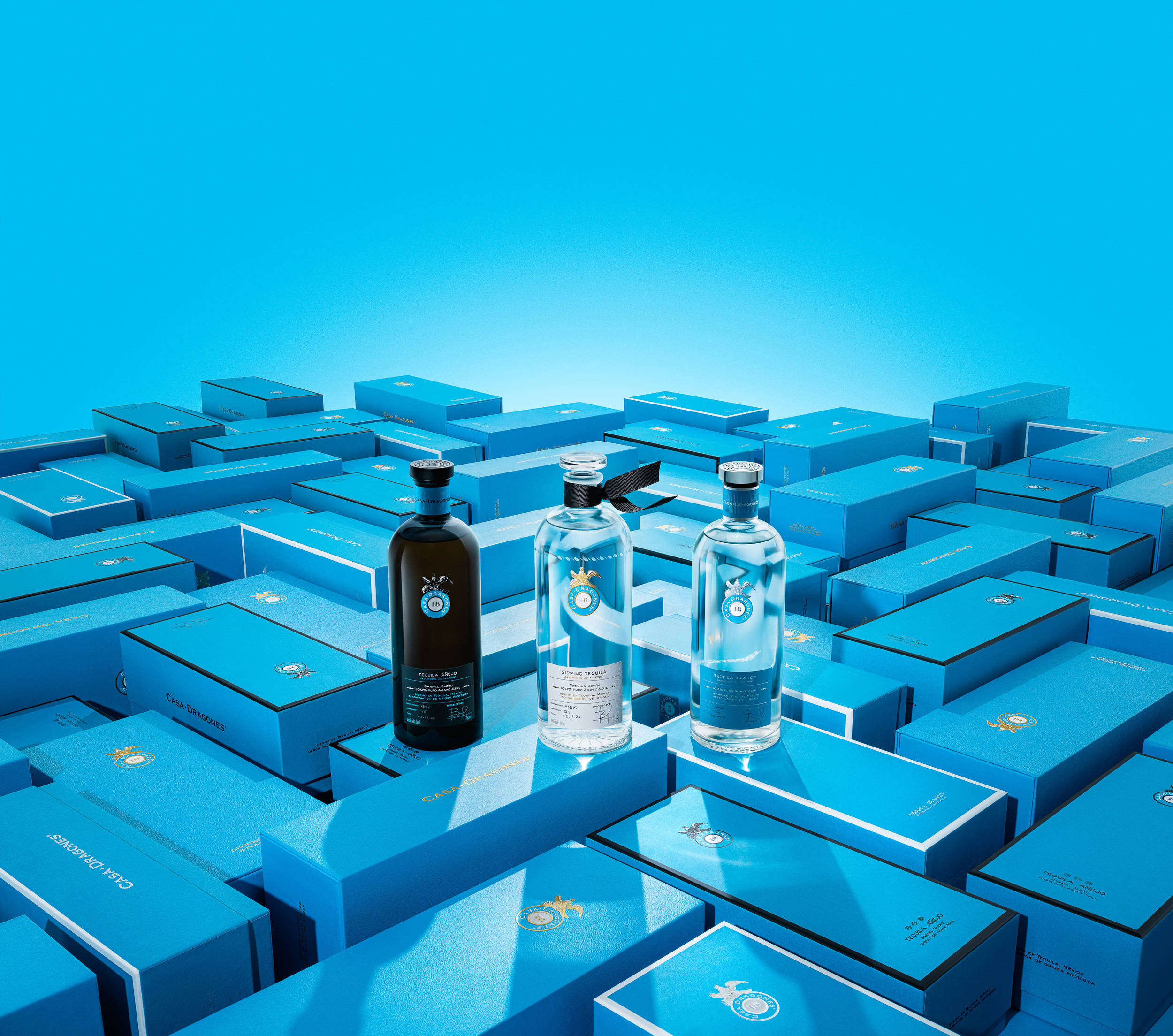 bottle 桌布 壁紙 — 三瓶時尚的酒瓶矗立在藍色禮品盒的海洋上，上方是漸變藍色的天空。