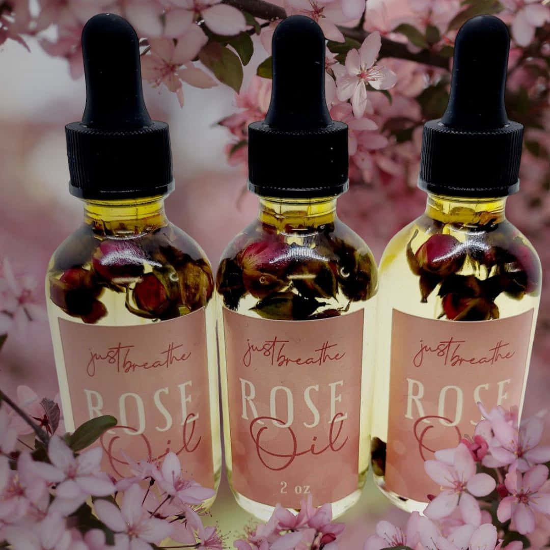 Rose Oil 桌布 壁紙 — 三瓶玫瑰精油玻璃瓶，內有乾燥玫瑰花瓣，漂浮在金黃色液體中，周圍環繞著柔和的粉紅櫻花。