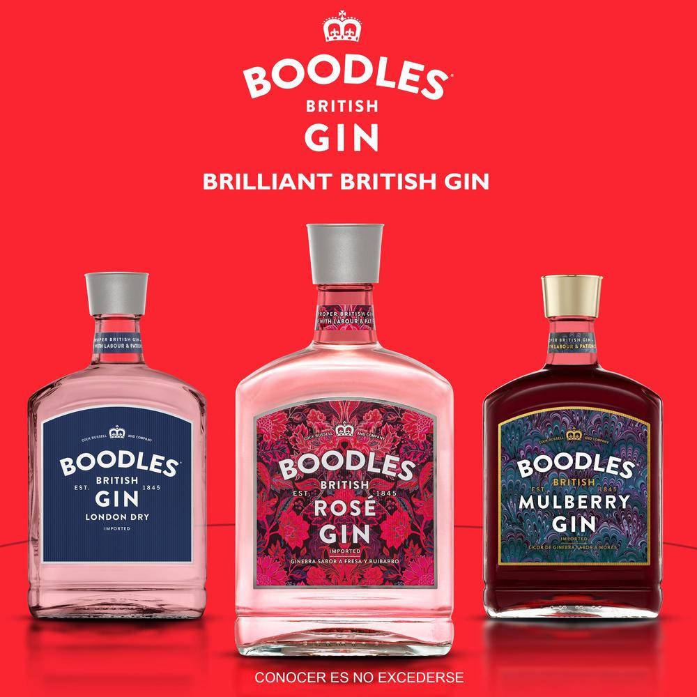 drinks 桌布 壁紙 — 三瓶粉紅色、紅色和深紅色的Boodles琴酒，在鮮紅色背景上搭配白色品牌文字。
