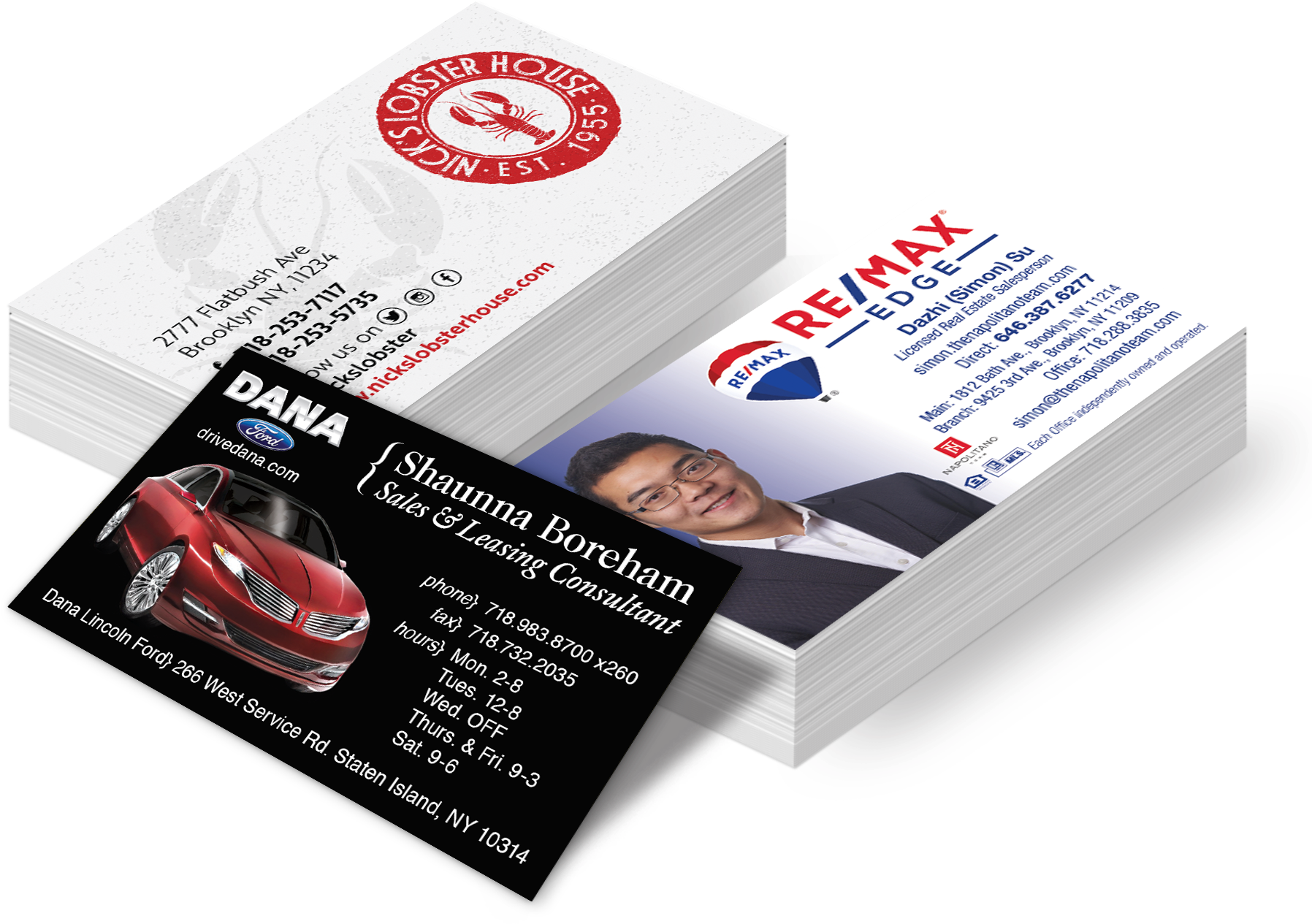 Business Cards 桌布 壁紙 — 三疊名片，包含房地產和汽車經銷商的聯絡資訊，附有照片和聯絡詳情。