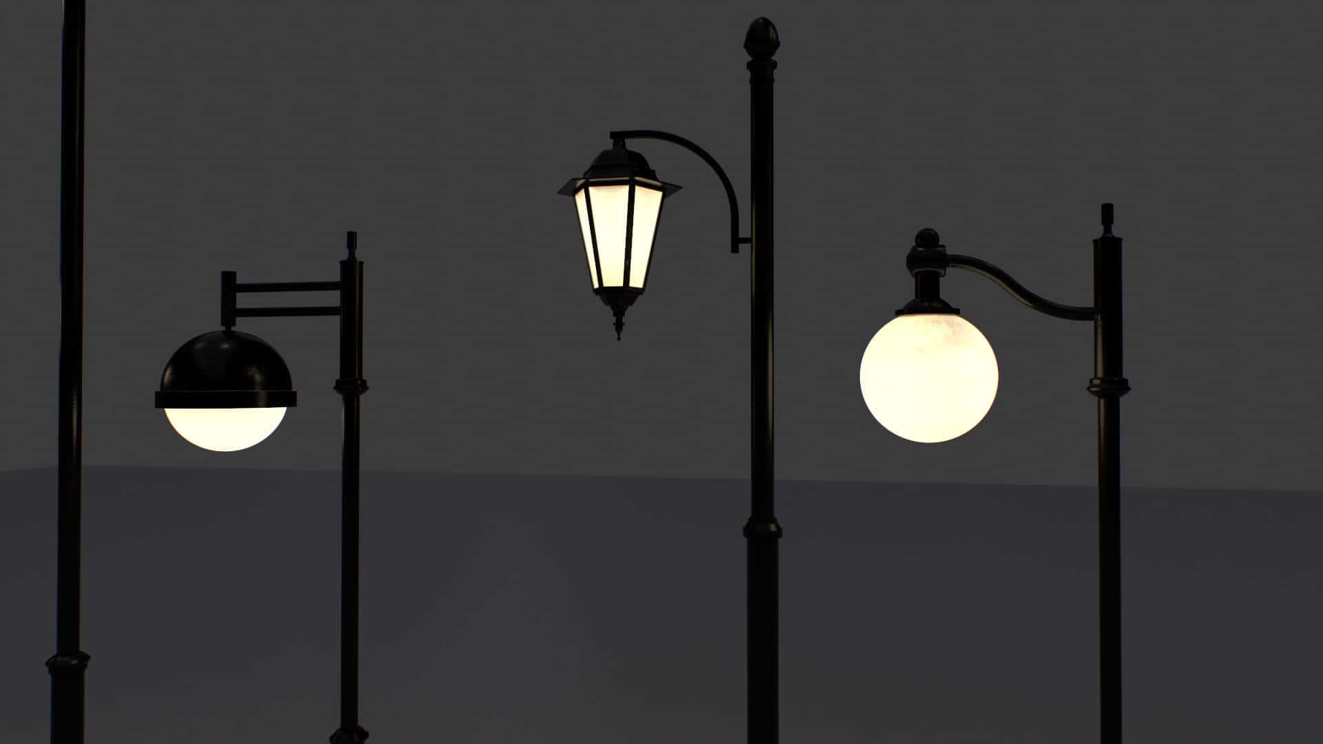 Street Light 桌布 壁紙 — 三盞復古街燈在柔和的暮色天空中溫暖地發光，將柔和的光線投射在它們深色的金屬框架上。