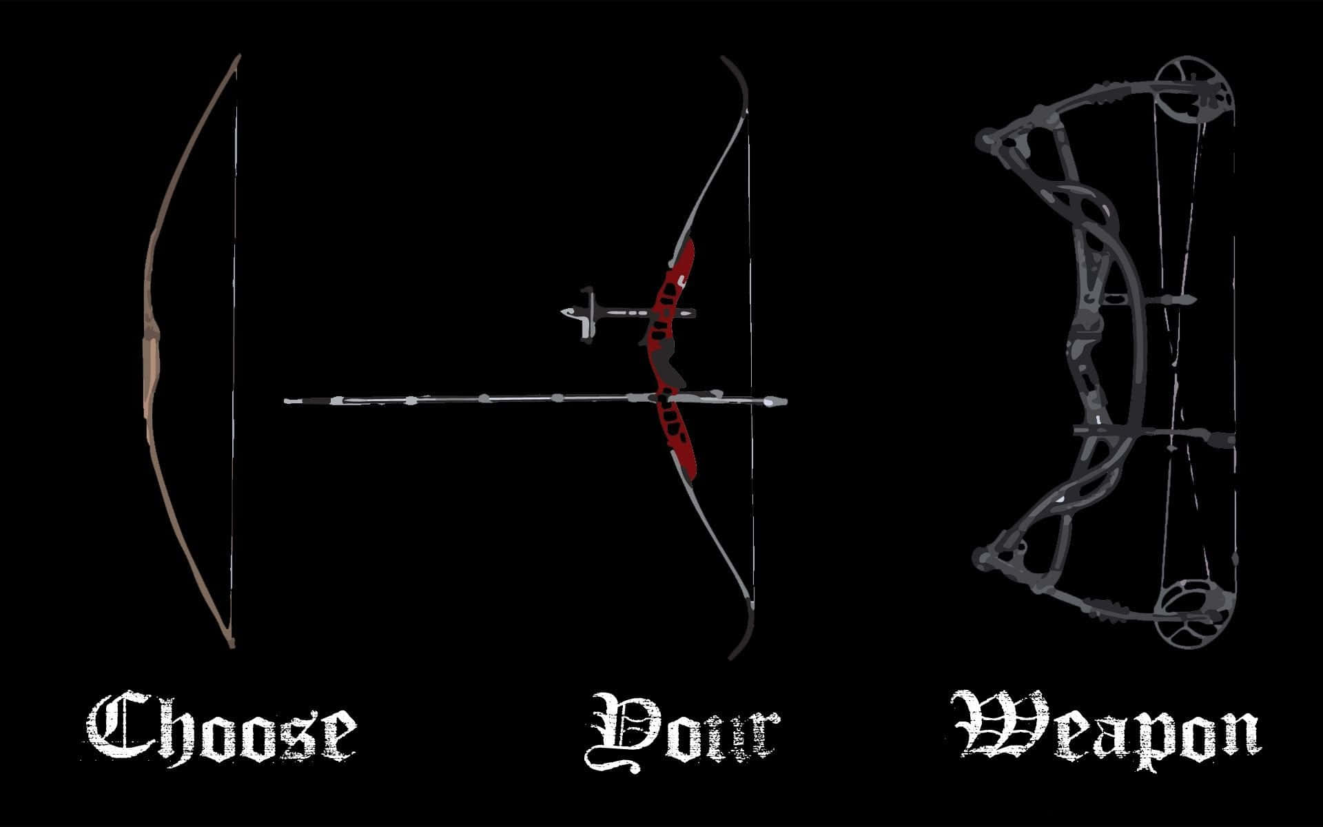 Archery 桌布 壁紙 — 三種不同的弓 傳統長弓 反曲弓 複合弓 在黑色背景上展示 文字為選擇你的武器。