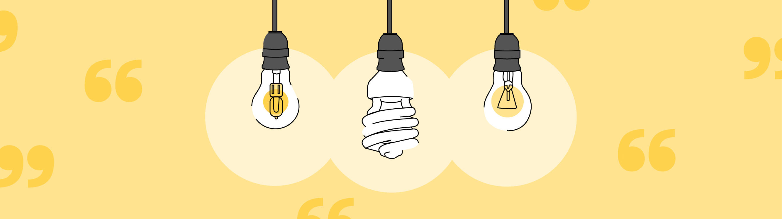 Idea 桌布 壁紙 — 三種不同風格的吊燈泡在帶有引號的黃色背景上溫暖地發光。