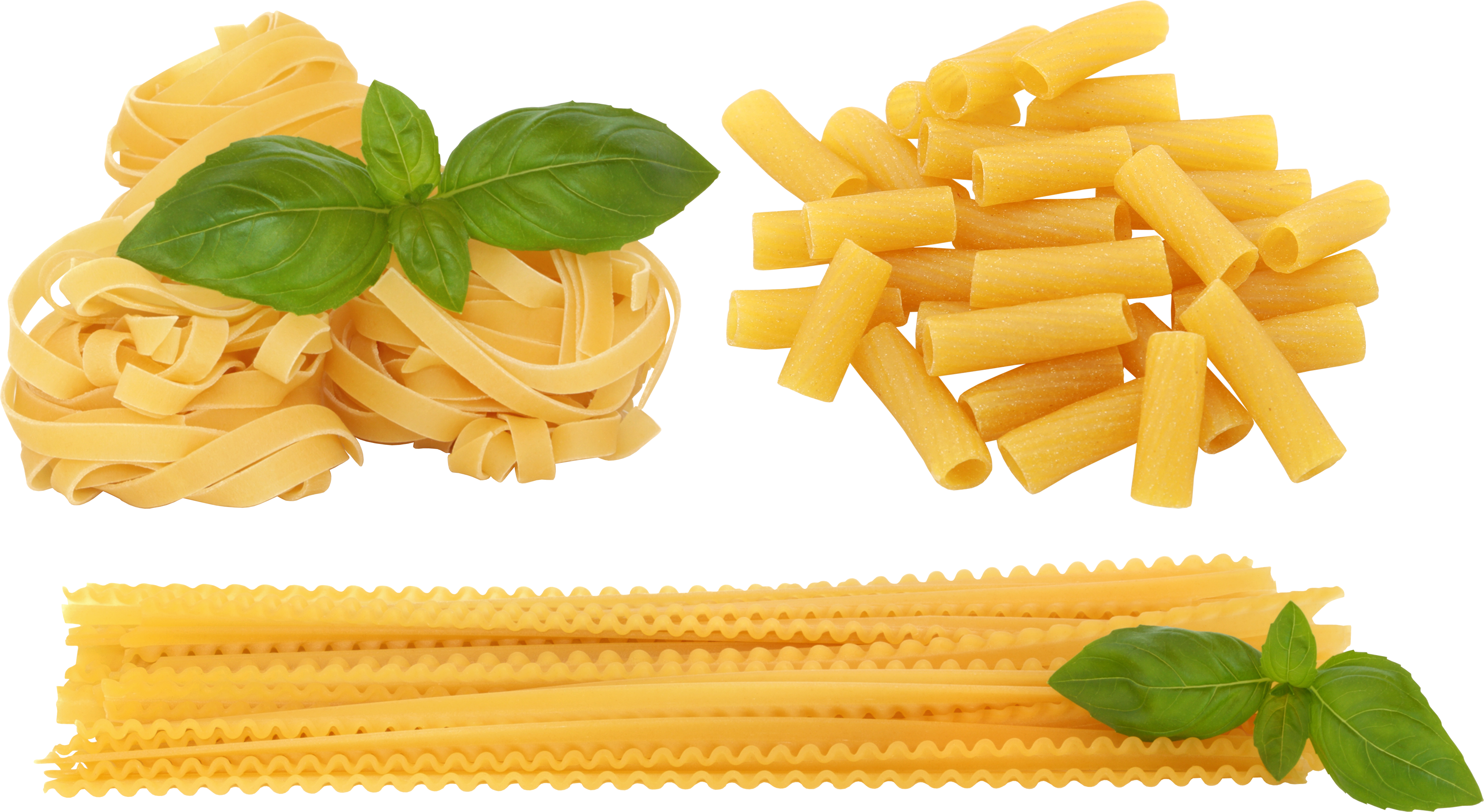 Pasta 桌布 壁紙 — 三種未煮熟的義大利麵：寬條麵、通心粉和千層麵，搭配新鮮羅勒葉裝飾。