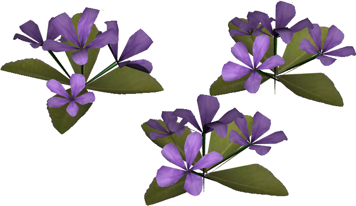 Clip Art 桌布 壁紙 — 三簇鮮豔的紫色花朵配以綠葉，在純黑背景上漂浮。