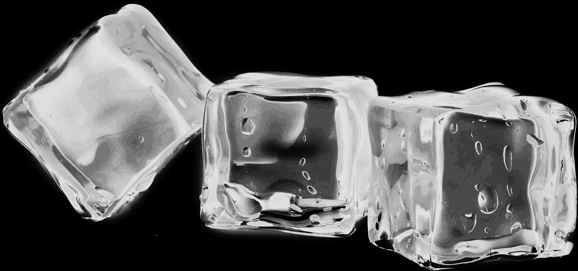 Ice Cubes 桌布 壁紙 — 三粒半透明冰塊帶有冷凝水滴，放置在純黑背景上。