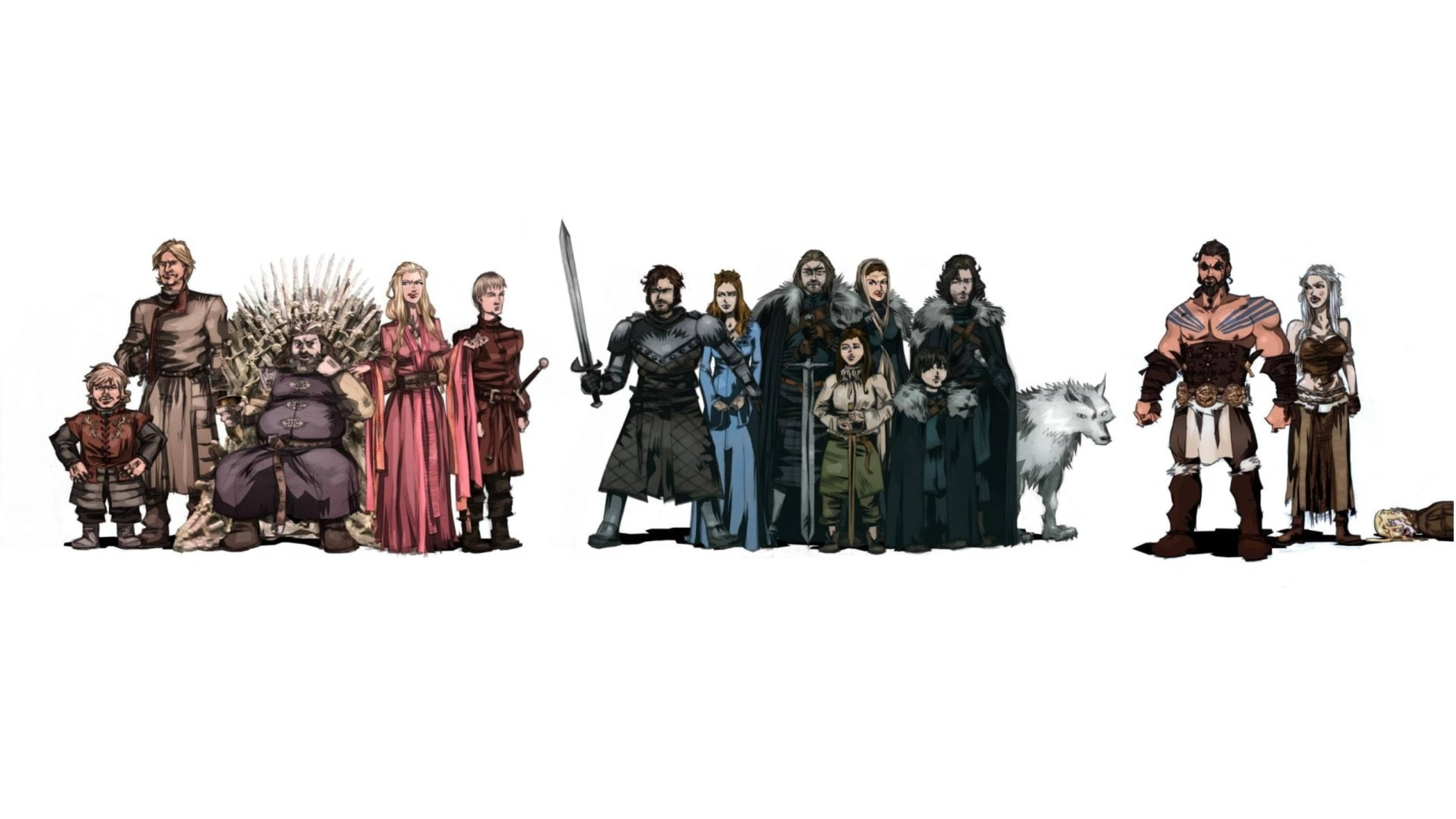 House Stark 桌布 壁紙 — 三組來自《權力遊戲》的奇幻角色排成行列，背景為純白色。