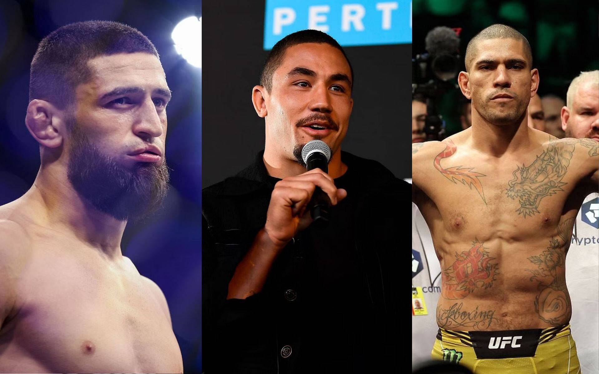 UFC 桌布 壁紙 — 三聯畫中的三位肌肉發達的男性戰士：一位留鬍鬚在燈光下，一位對著麥克風說話，一位穿著黃色UFC短褲並有刺青。