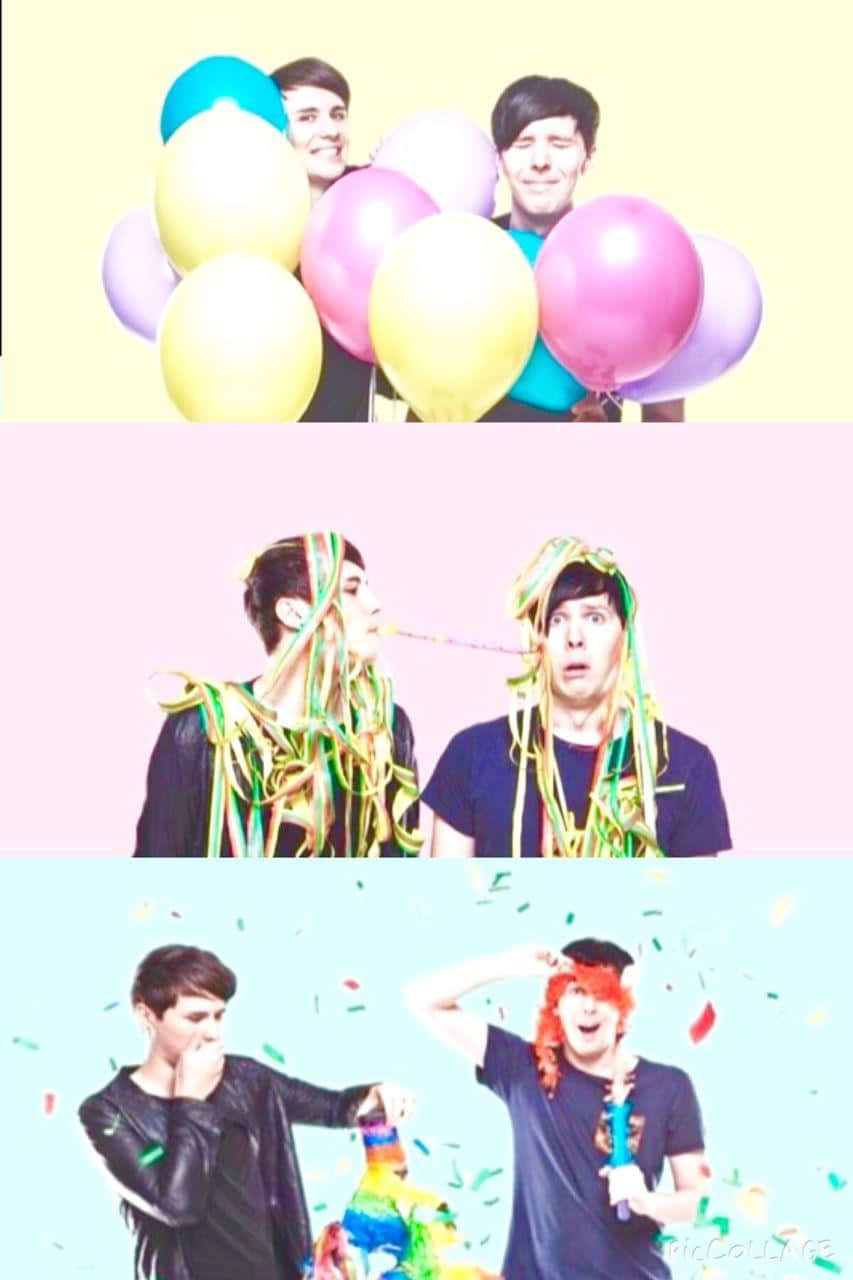 dan and phil 桌布 壁紙 — 三聯畫中的三個男人在粉彩背景前用氣球、彩帶和五彩紙屑慶祝。