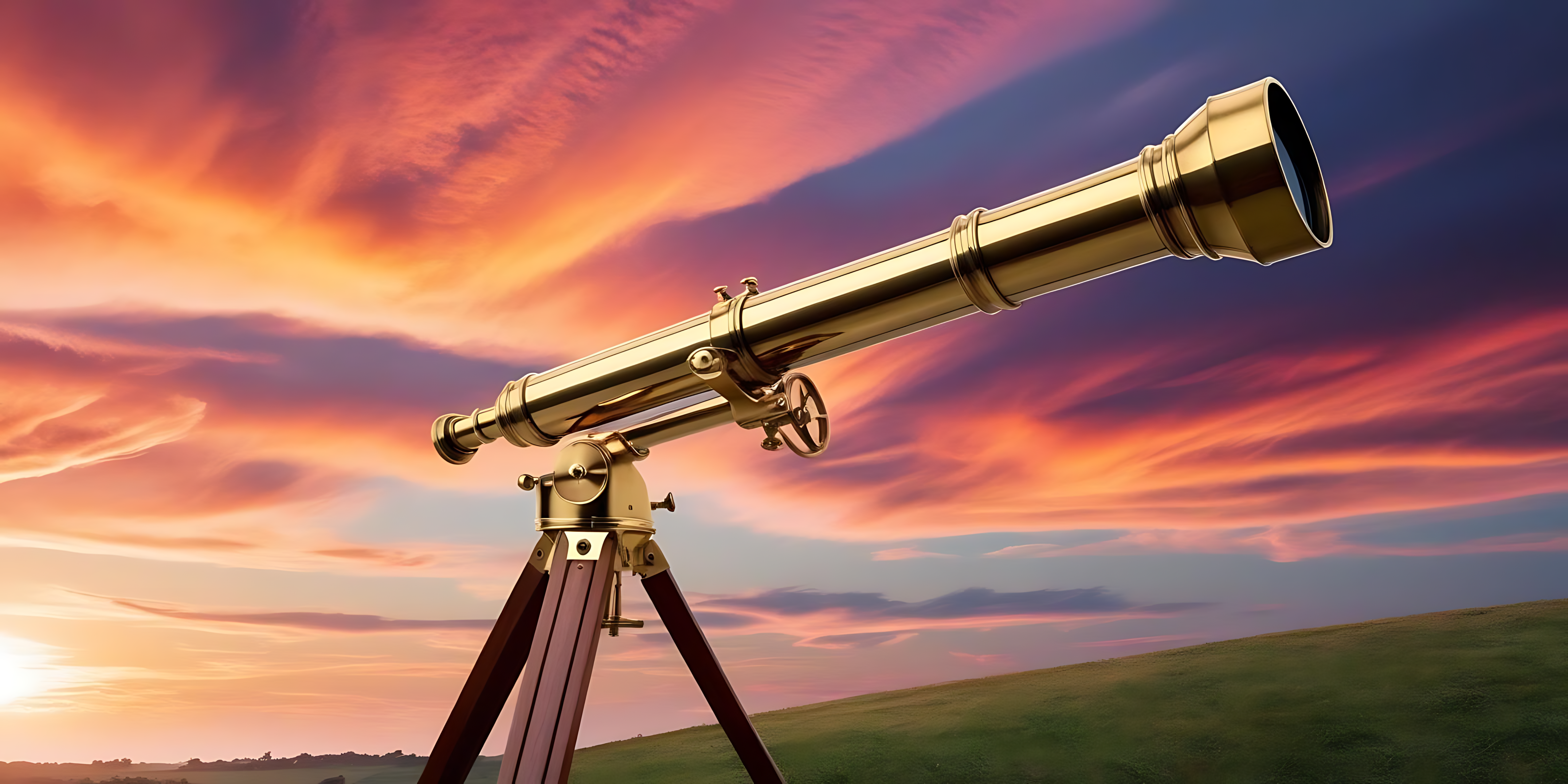 Telescope 桌布 壁紙 — 三腳架上的黃銅望遠鏡指向充滿活力的日落天空，天空中有橙色、粉紅色和紫色的雲彩條紋。